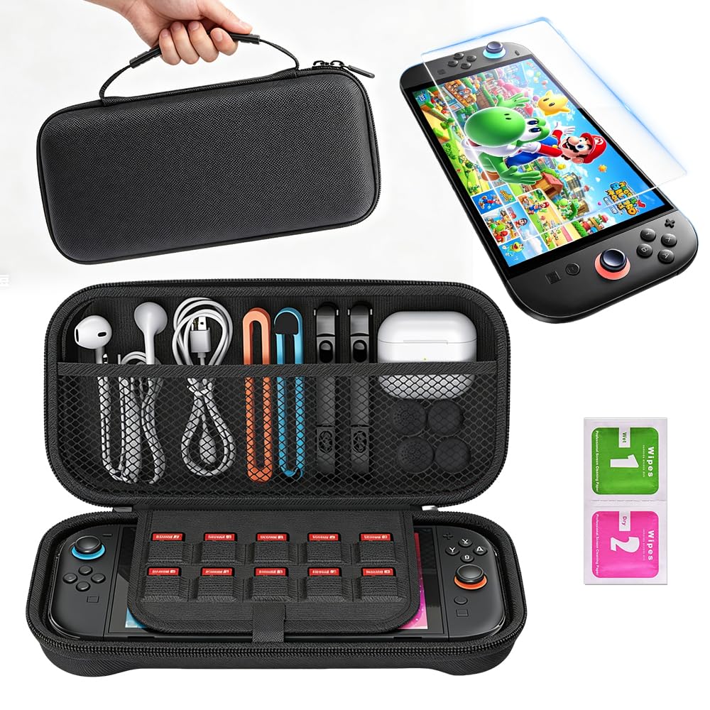 Ounfnoe Carrying Case Compatible with Nintendo Switch and Switch 2, Portable Travel Carry Case/Game Bag with 10 Game Cartridge Slots, Black Comes with Tempered Glass Screen Protector