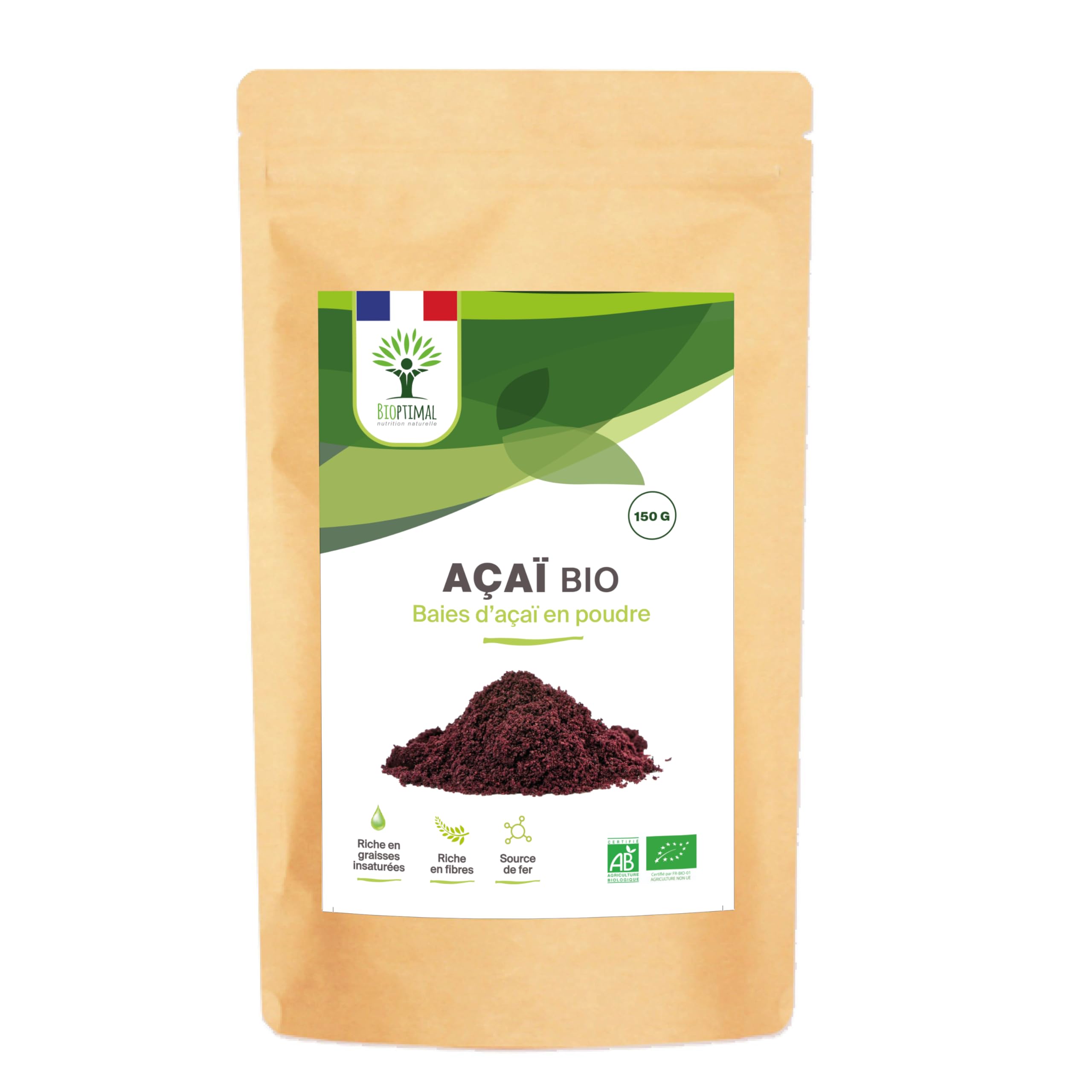 Açaï Bio en Poudre - Superaliment Riche en Fer Fibres Omega 9 - Puissant Antioxydant - Baie Lyophilisée - Qualité Prémium - 100% Pur Sans Sucre Ajouté - Conditionné en France - Certifié Ecocert - 150g