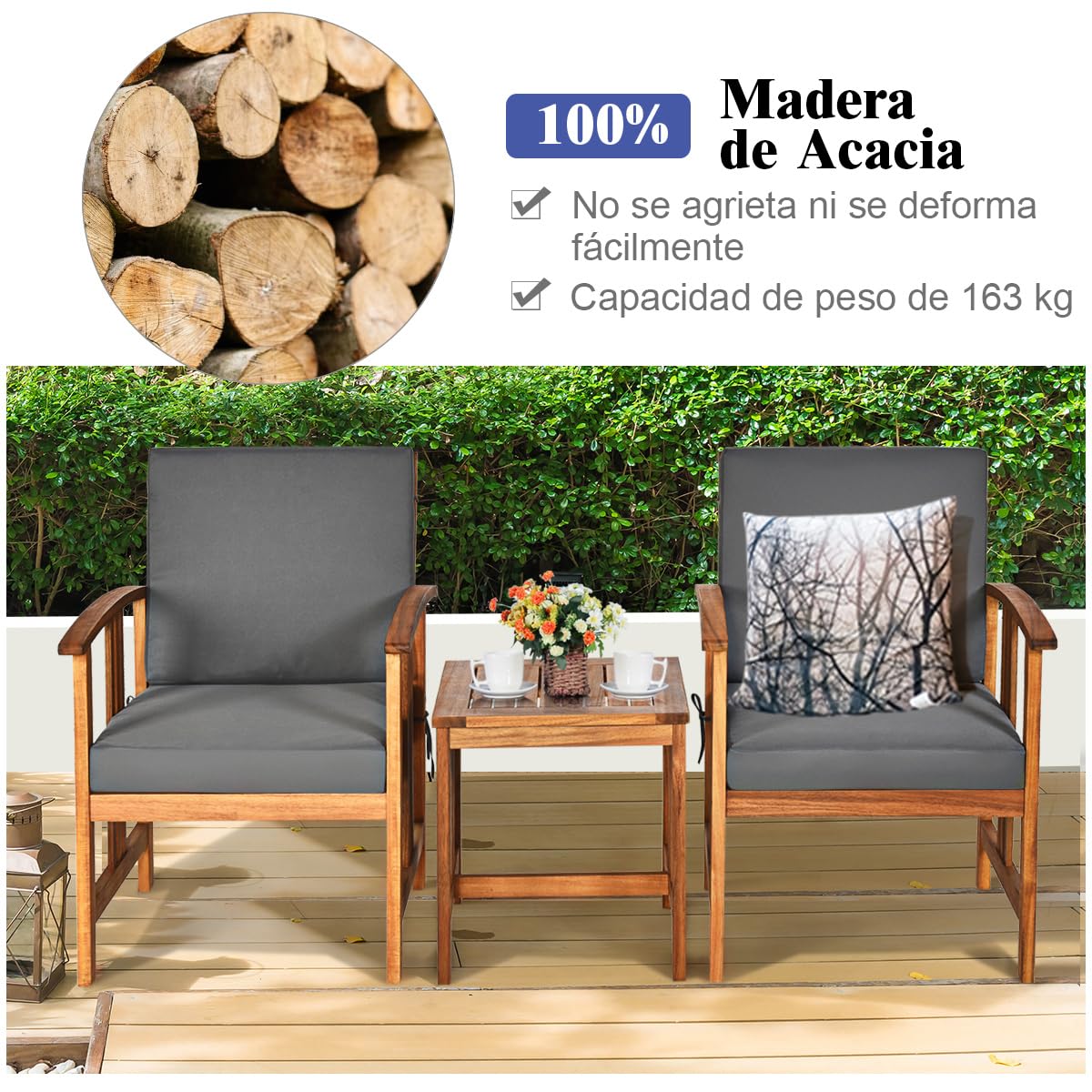 COSTWAY Conjunto Jardin Exterior de 3 Piezas, Madera de Acacia | , 2 Sillas y Mesa de Café, Cojines de Asiento y Respaldo Extraíbles, Muebles Conversación Jardin Terraza Balcon Exterior