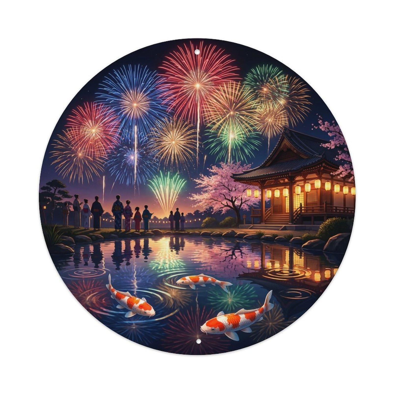Galvaxio Style Japanese Koi Fish Summer Festival Fireworks Sky Metal Tin Sign