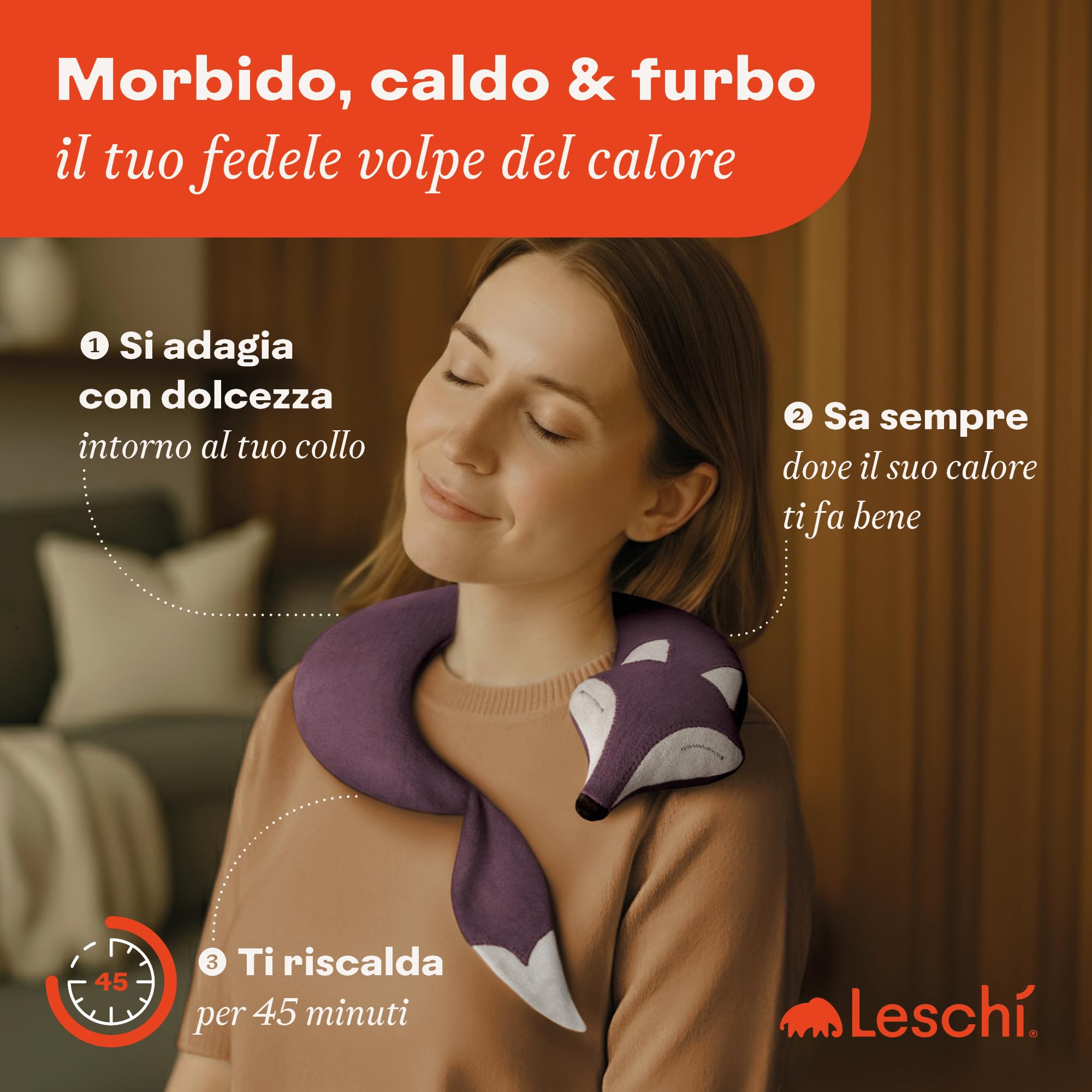 LESCHI Cuscino cervicale termico per microonde - In cotone bio con grano biologico - Cuscino riscaldante ideale per sciogliere tensioni a collo, spalle e schiena - Volpe, viola