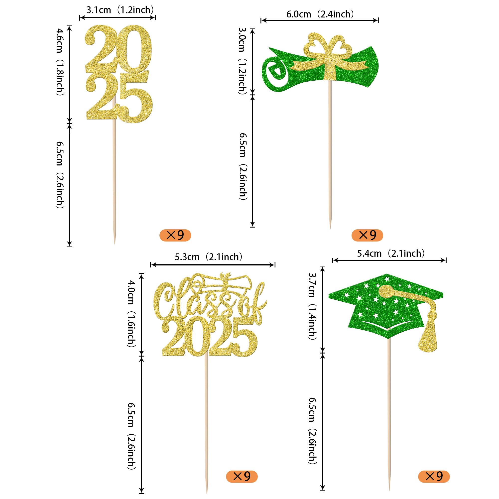 36 Pack Graduation Cupcake Toppers Glitter Class of 2025 Glitter Diploma Grad Cap Cake Decorations 2025 Cupcake Picks for 2025 Graduation Theme Party Cake Decoration Supplies Gold Green