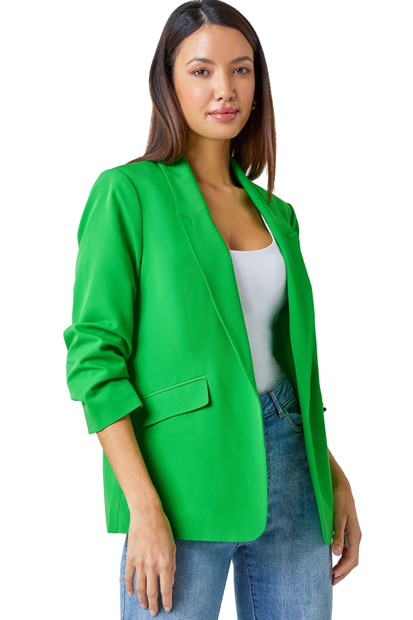 Roman Women's Green Ruched 3/4 Sleeve Stretch Blazer Size 10