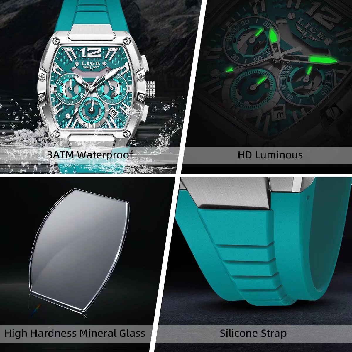 LIGE Men's Watch Skeleton Tonneau Square Chronograph Stainless Steel Quartz Analog Watches Waterproof Luminous Date Silicone Strap Durable Fashion Casual Business Dress Wrist Watch - Image 5