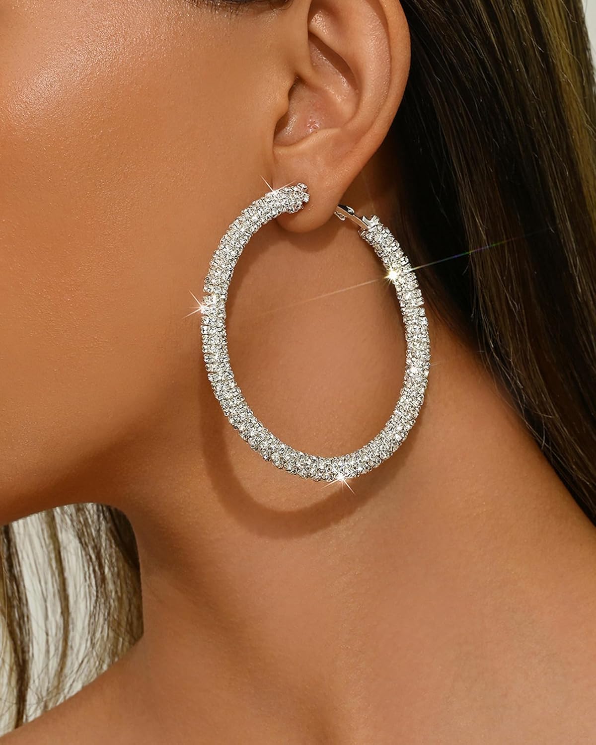Sparkly Silver Hoop Earrings for Women Bright Shiny Rhinestone Hoop Earrings Gold Silver Glitter Rhinestone Hoops Wedding Bride Party Prom Jewelry Accessories - Image 5
