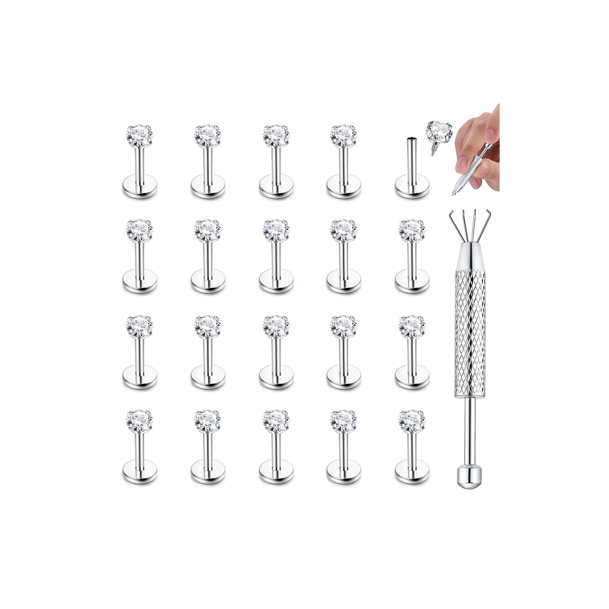 20Pcs 16G Labret Piercing Jewellery 316L Surgical Steel Labret Studs with CZ Ball 3MM Tragus Earrings Helix Cartilage Nose Piercing Jewellery in Silver Gold Vertical Labret 6/8/10mm