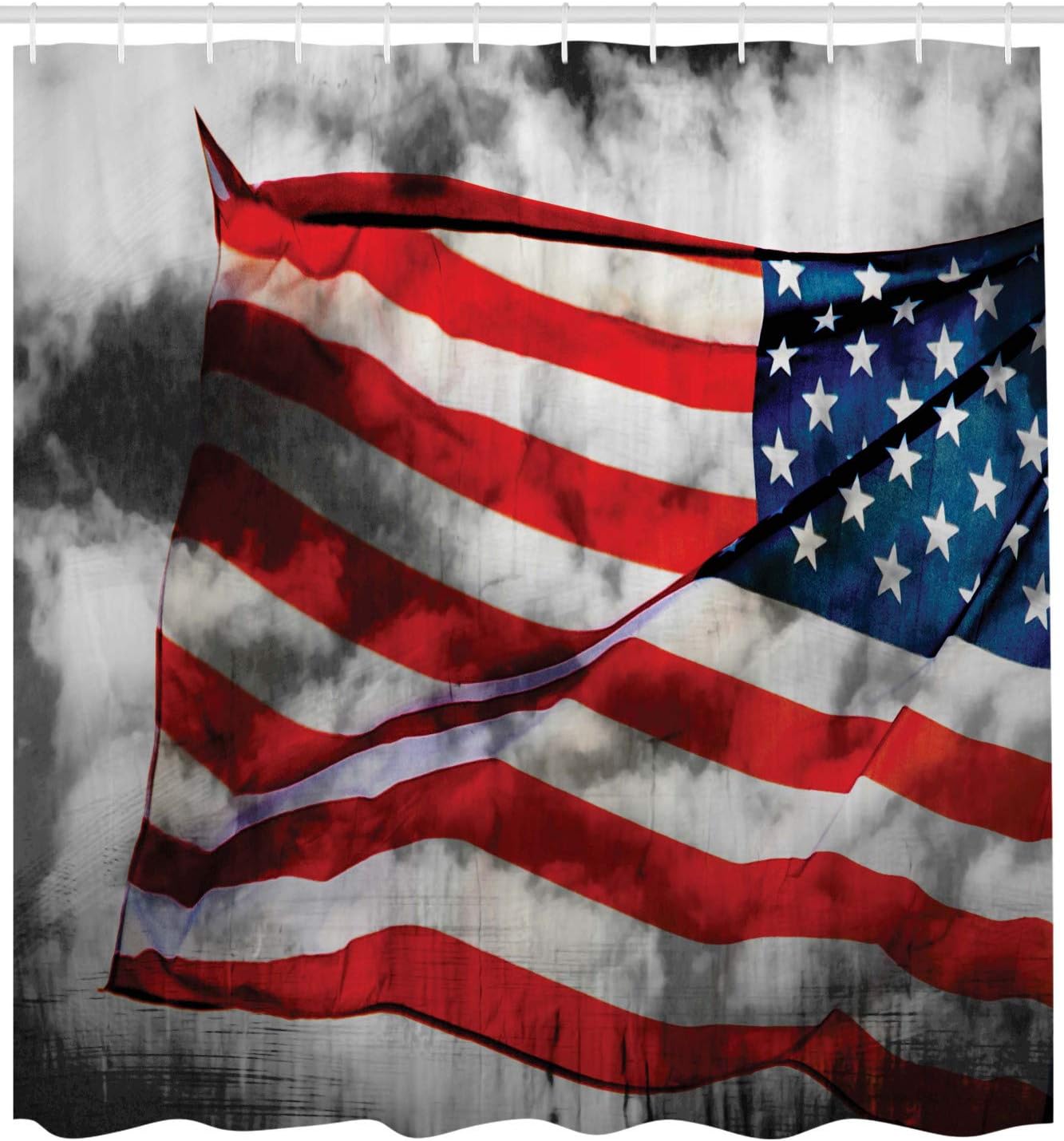 Ambesonne American Flag Shower Curtain, Banner in The Sky on Cloudy Mist Display National Proud of Heritage, Cloth Fabric Bathroom Decor Set with Hooks, 69" W x 84" L, Grey Red Blue