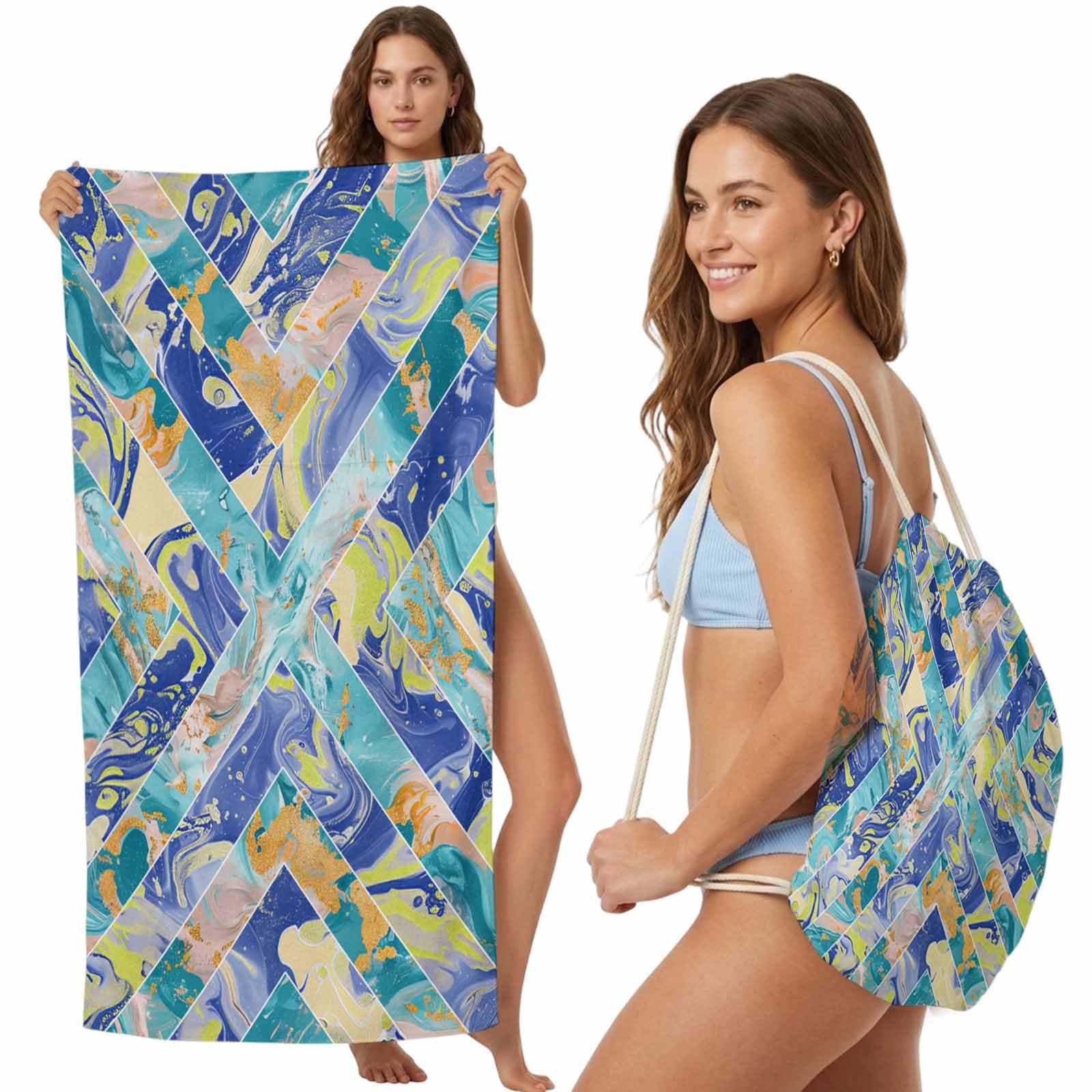 Beach Towel Bag 2 in 1 Abstract Mable Bath Pool Towels Backpack Geometic Modern Art Absorbent Beach Towel Soft Quick Dry Lightweight Packable Towels Drawstring Bag for Travel Camping Sports Picnic
