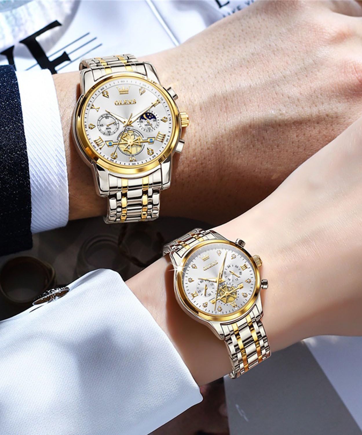 OLEVS Juego de relojes para parejas para hombre y mujer, reloj a juego con diamantes románticos para el día de San Valentín