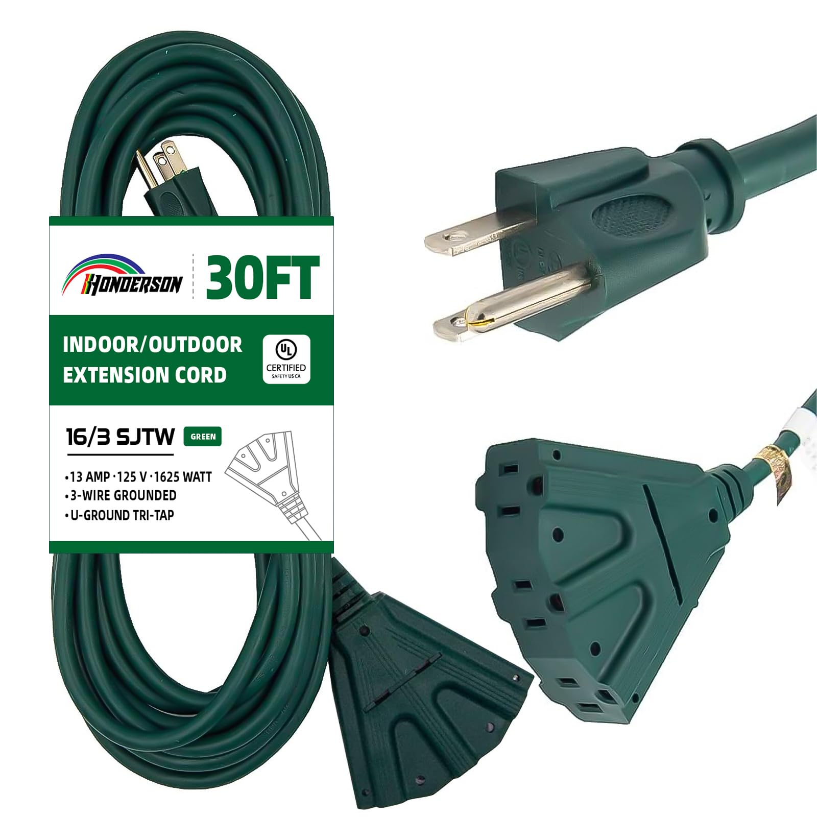 HONDERSON 30ft Green 16/3 3-Outlet Extension Cord