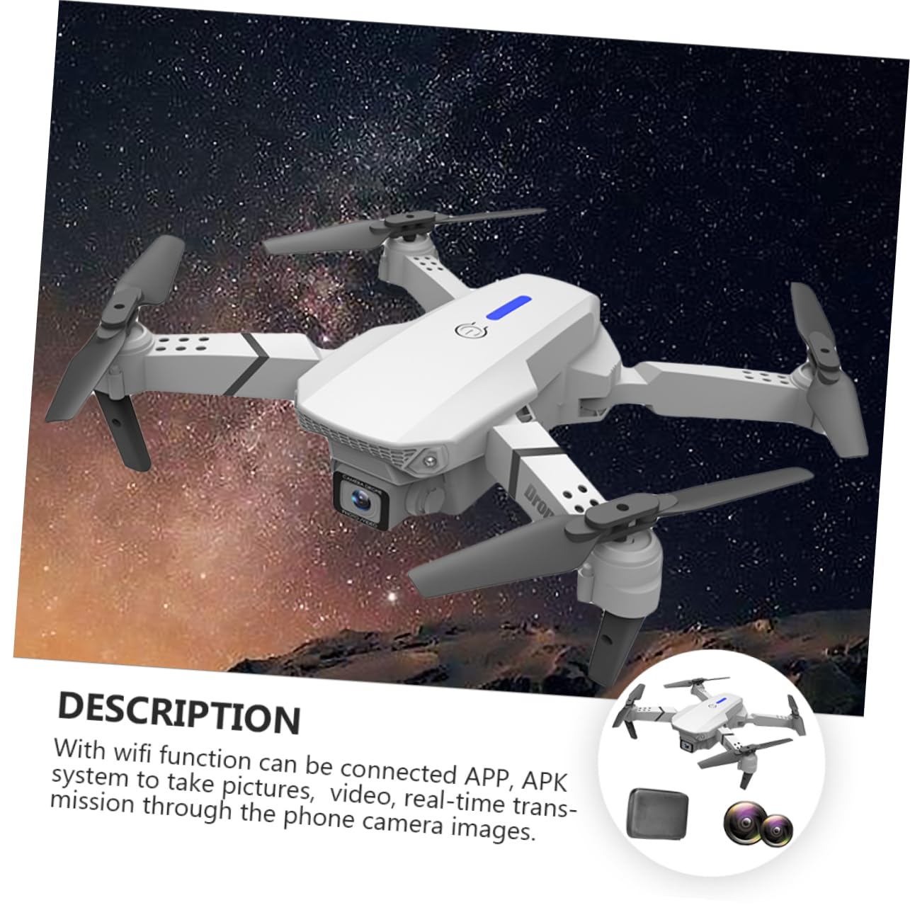 Dron Plegable E525 de Doble Cámara 4k para Fotografía Aérea | Cuadricóptero Blanco de Plástico, Vuelo Estable y Ligero, Batería Lipo 3.7v 1800mah 3 Pilas Aa