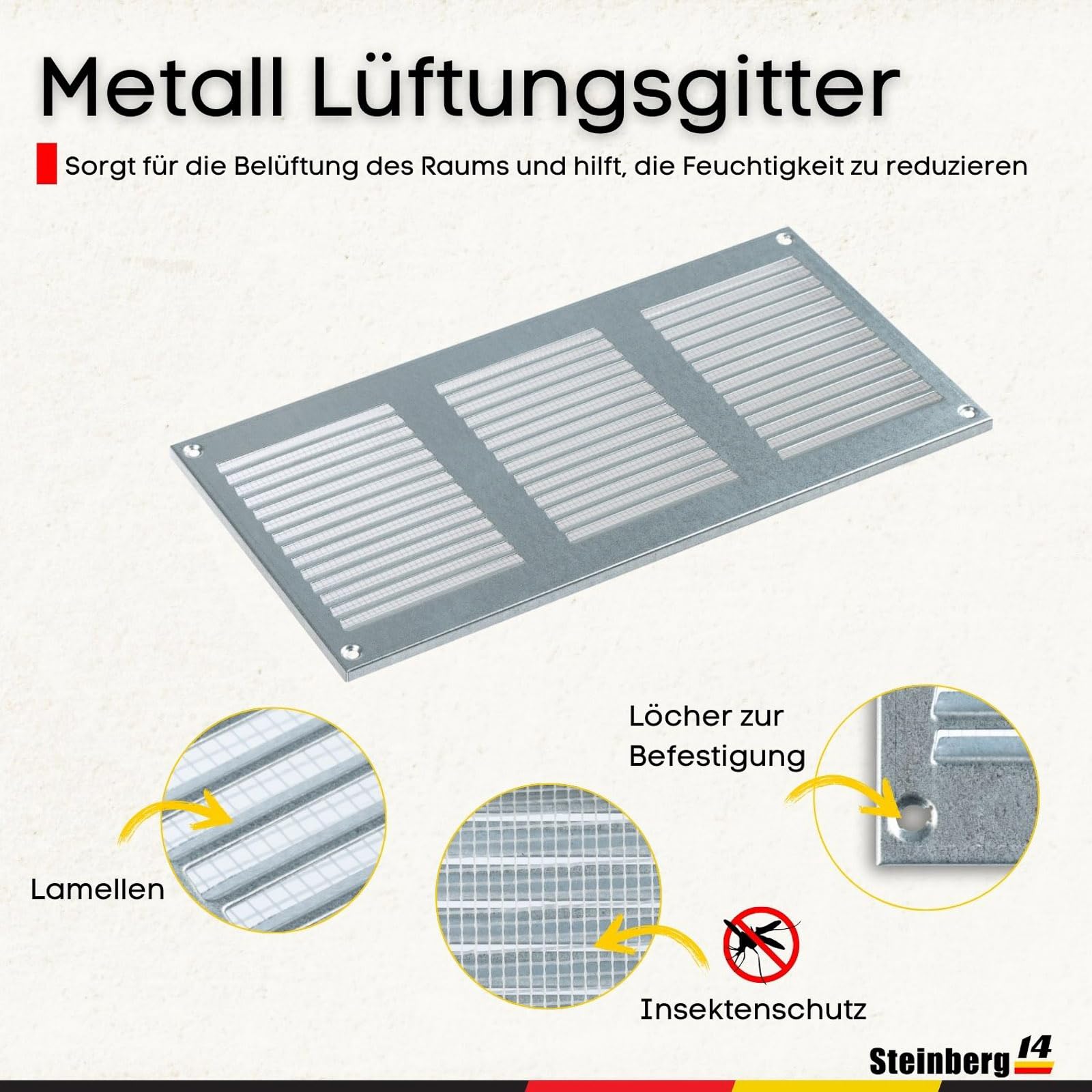 300x150mm Griglia Di Ventilazione Con Zanzariera - Griglie D'Aerazione In Metallo - Acciaio, Grigia - Foto 5