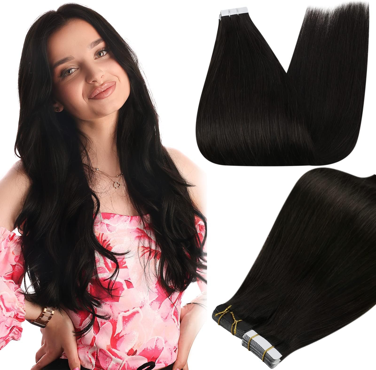 Full Shine Tape in Hair Extensions Human Hair 18Inch Seamless Skin Weft Pu Tape ins Human Hair Extensions Color 1B Off Black Hair Extension Real Human Hair 20Pcs 50G Invisible Remy Hair
