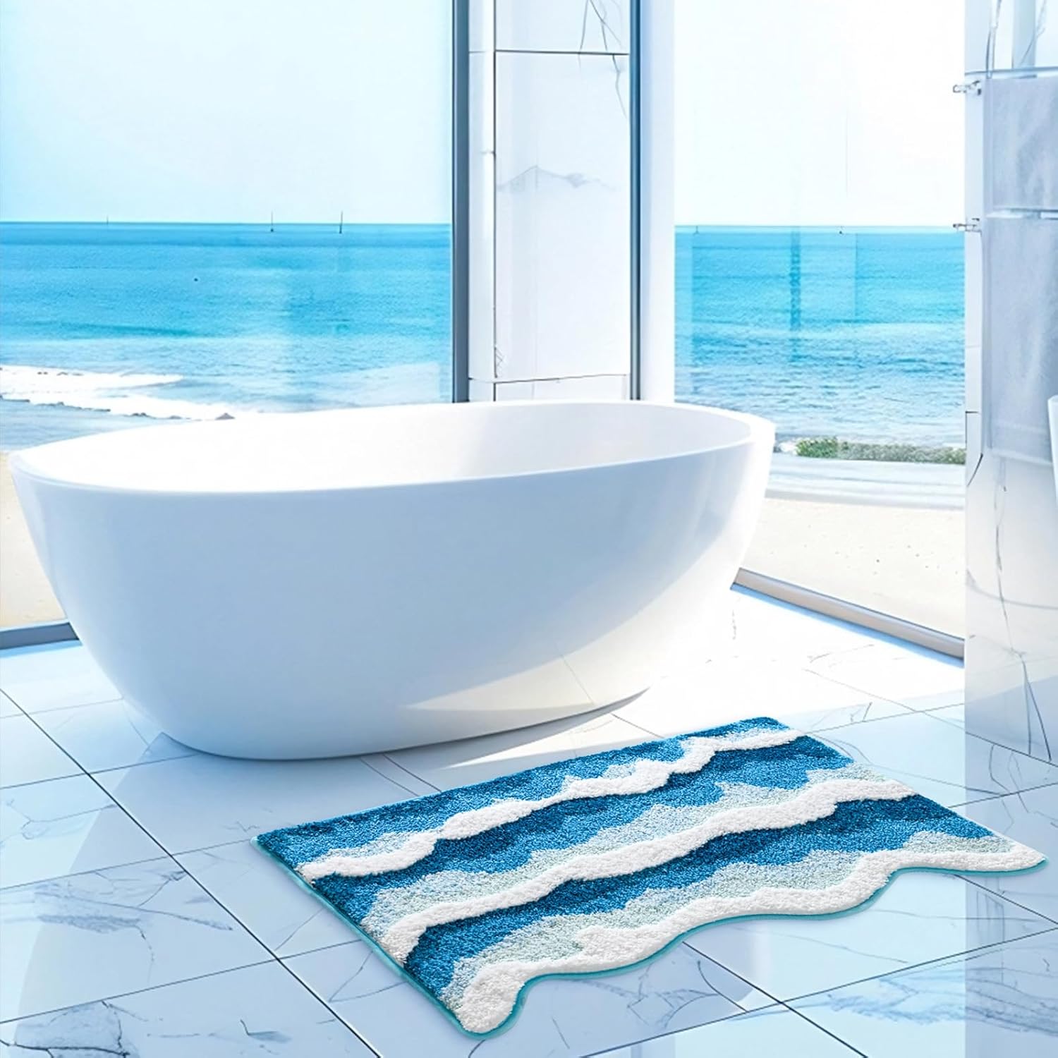 3D Ocean Wave Bathroom Rugs Blue 21x32 Inch, Soft and Absorbent Tufted Beach Bath Mat Non Slip Washable, Coastal Nautical Decor for Bathroom Bedroom