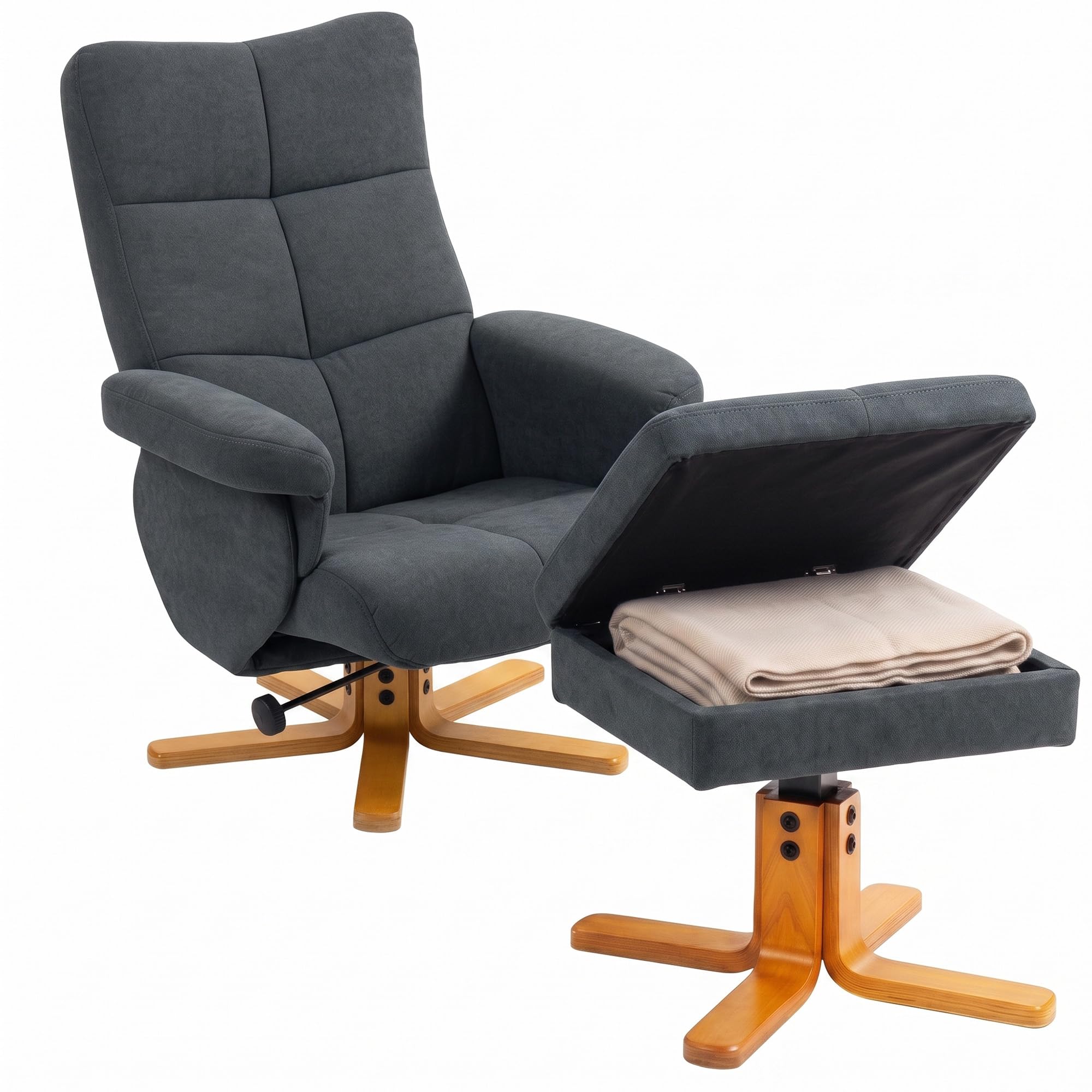 HOMCOM Linen Swivel Recliner Chair with Footstool Storage Grey