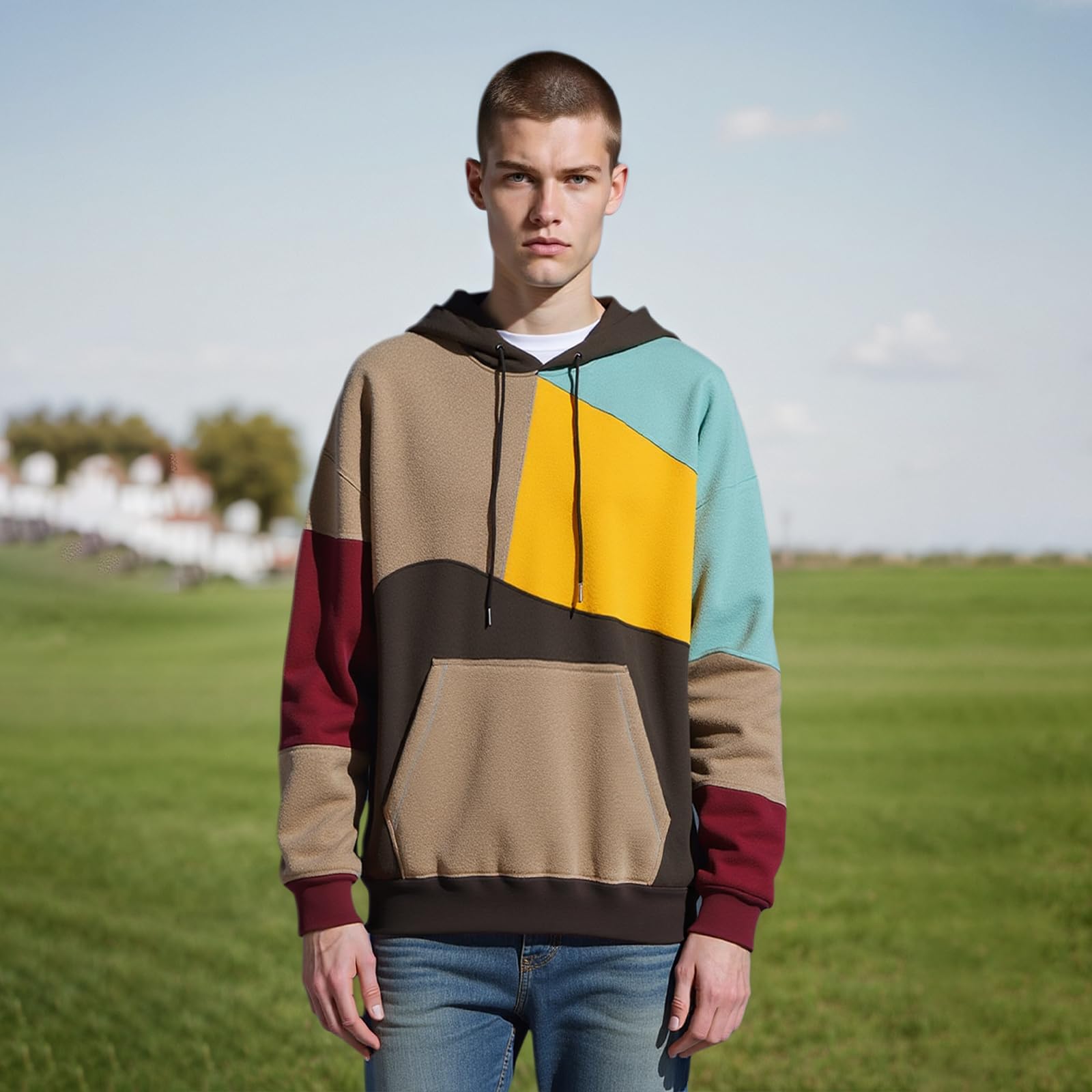 Felpa Uomo con Cappuccio Colori a Contrasto Hoodies Sweatshirt Streetwear Hip Hop a Maniche Lunghe