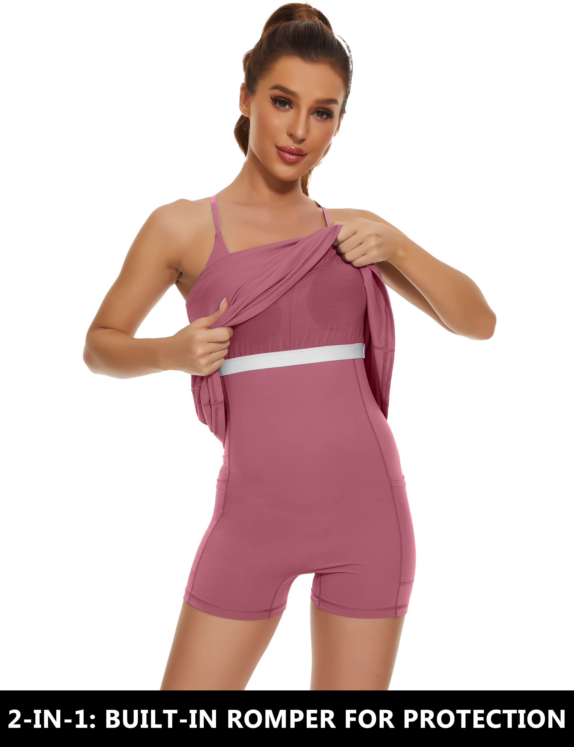 Robe de tennis pour femme, robe d'entraînement de golf 2 en 1 avec soutien-gorge intégré et poches courtes, robe athlétique avec sangle réglable