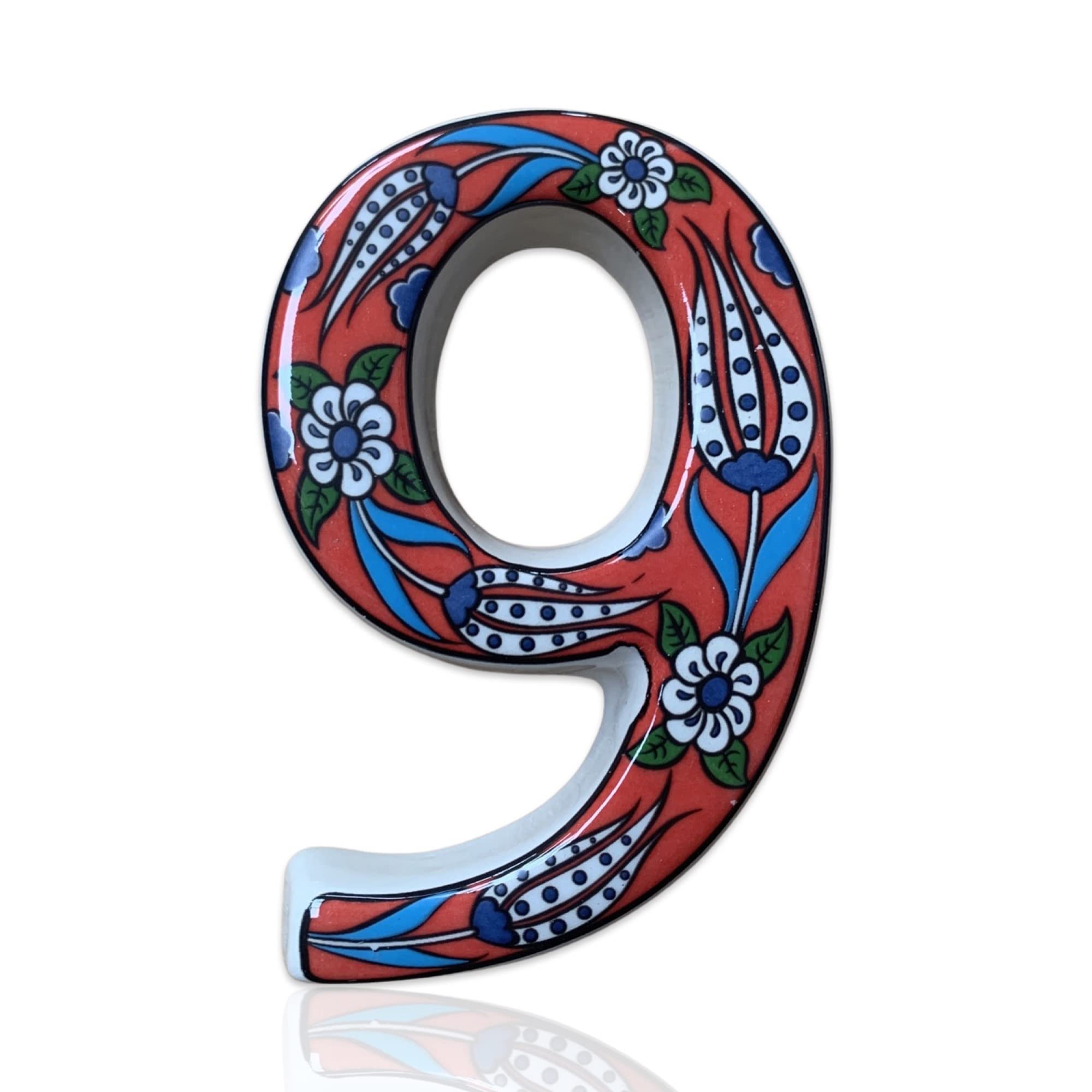 SPIRIT HOME INTERIORS - Handmade Mediterranean Style 3D Ceramic Outdoor House Number Door Sign Address Plaque (Red, Number:9)