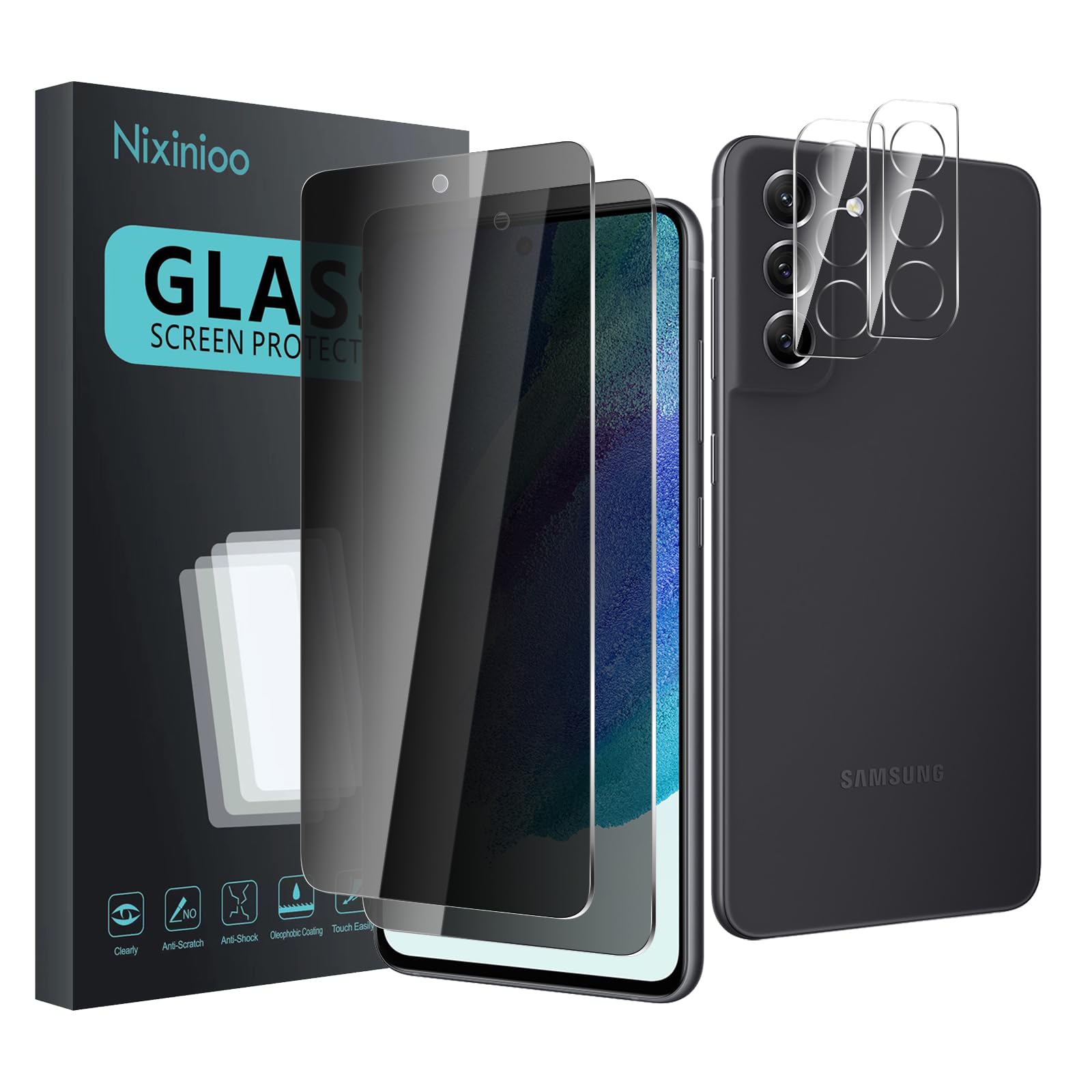 Paquete de 2 protectores de pantalla de privacidad para Samsung Galaxy S21 FE con 2 protectores de lente de cámara, película de vidrio templado antiespía, dureza 9H, protector negro,