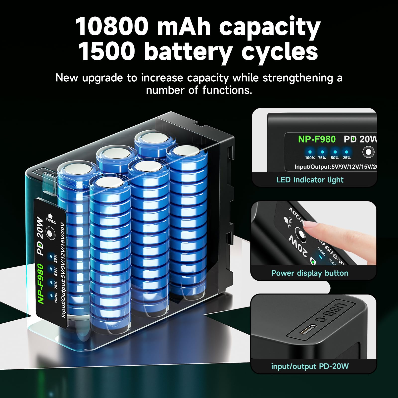 CITYORK 10800mAh NP-F980 Batteria [PD 20W/Tipo-C], Batteria per Sony NP-F980 F970 F975 F960 F930 F770 F750 F730 F570 F550 F530 F330 Tutta la Sony NP-F Series, per Sony Camere, Videocamere, LED Video