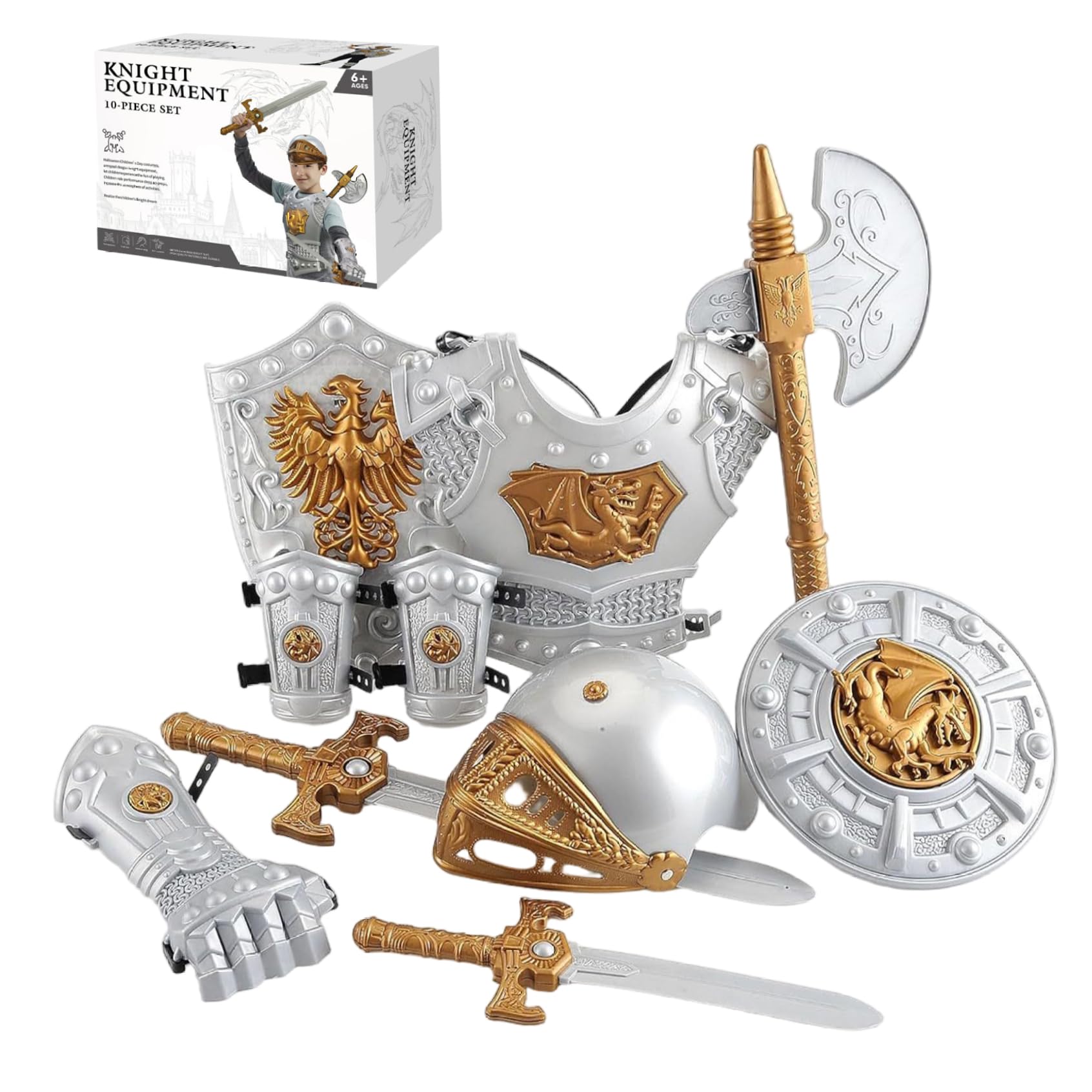 Hperu Medieval Armor, Kids Knight Costume Set with Shield, Helmet, Sword & Accessories - Medieval Role Play Royal Dress-Up Costume for Boys Girls Ages 3–10, Style 1
