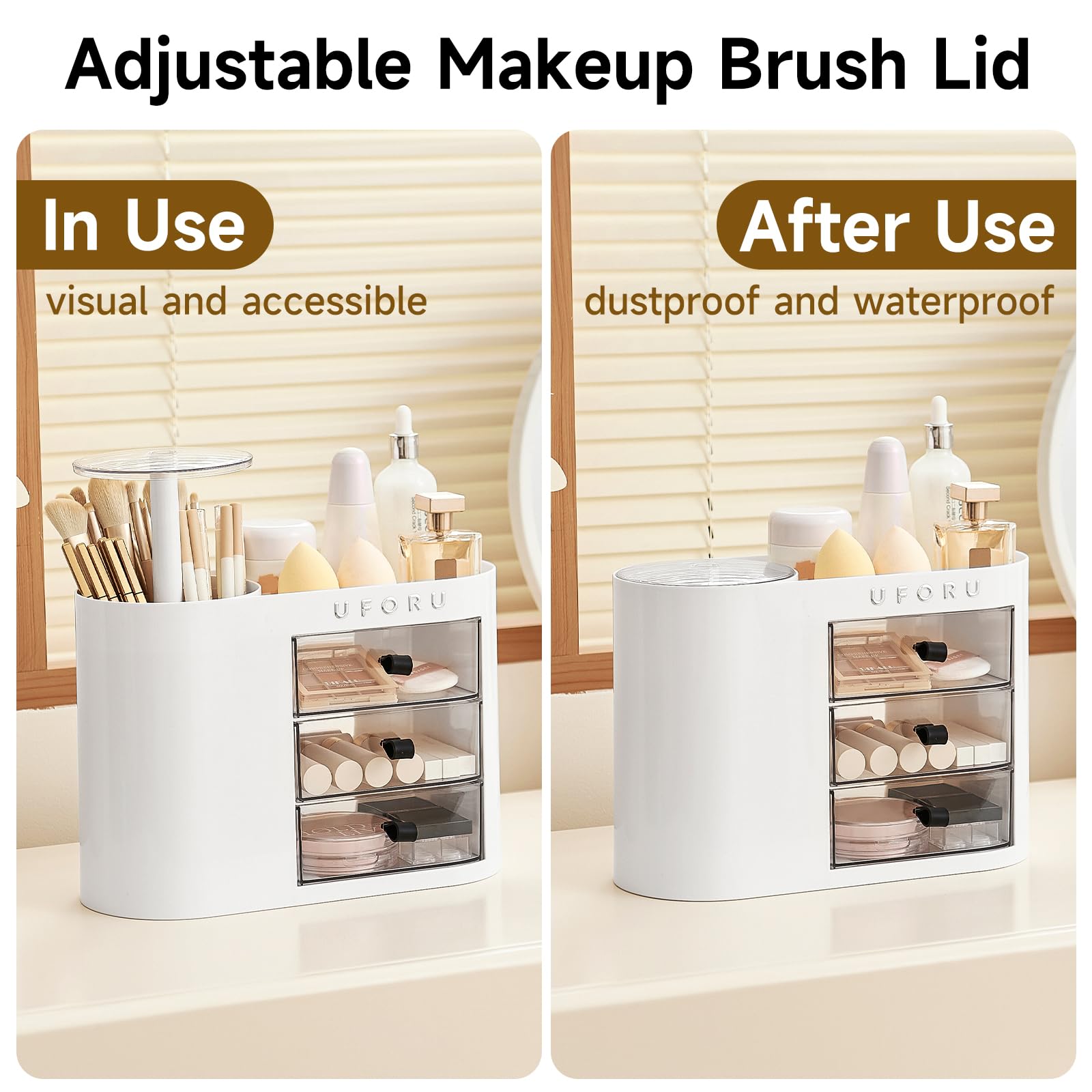 UFORU Organiseur de maquillage pour coiffeuse, comptoir avec porte-pinceaux, blanc