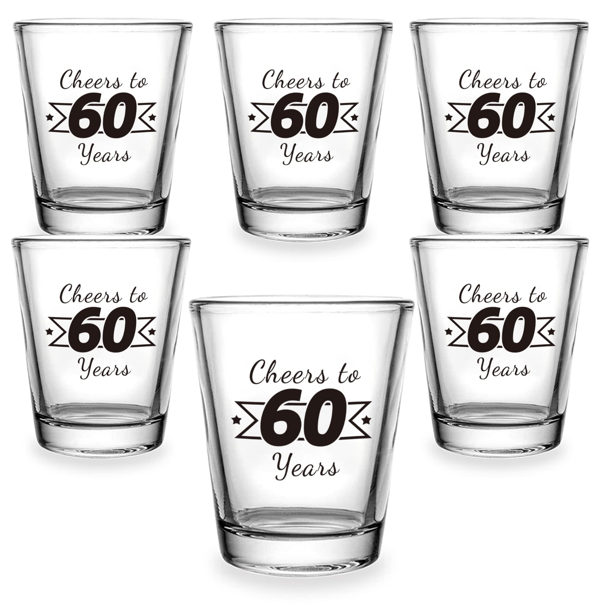 Juego de 6 vasos de chupito de 60 cumpleaños, vasos de chupito transparentes de 1.5 onzas con base pesada, decoraciones de cumpleaños para mujeres, hombres, divertidos regalos de cumpleaños,
