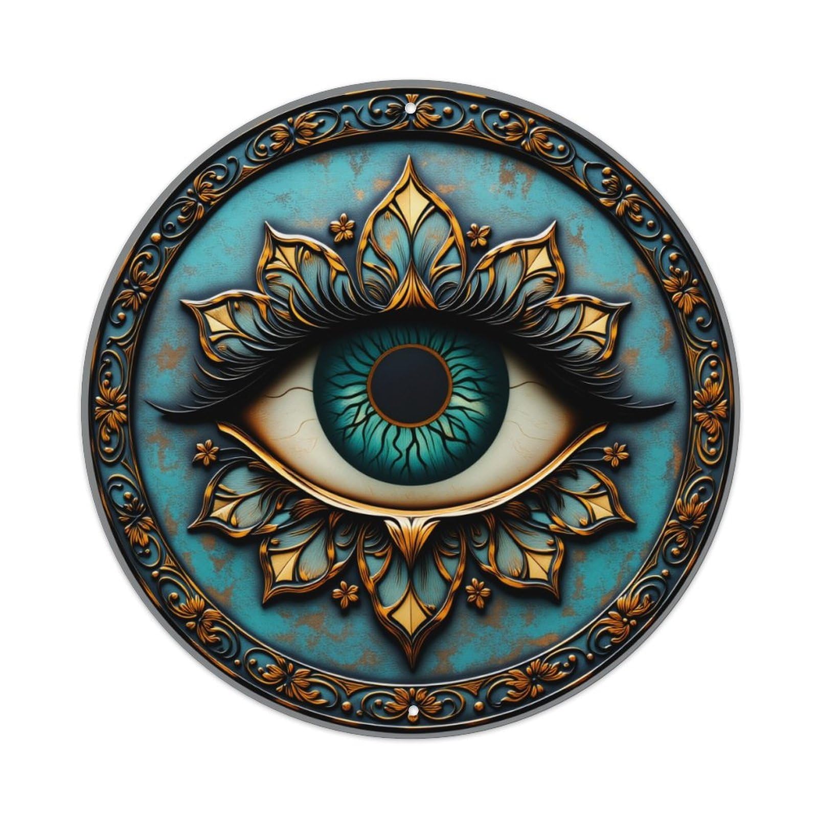 Wmlzdnwr Vintage Eye Lotus Mandala Ornament Pattern Design Artwork Symbolic Round Tin Sign,Retro Wall Art,Metal Poster For Home, Bar, Garage, Cafe, Rustic Indoor & Outdoor Decor, 8X8 Inches