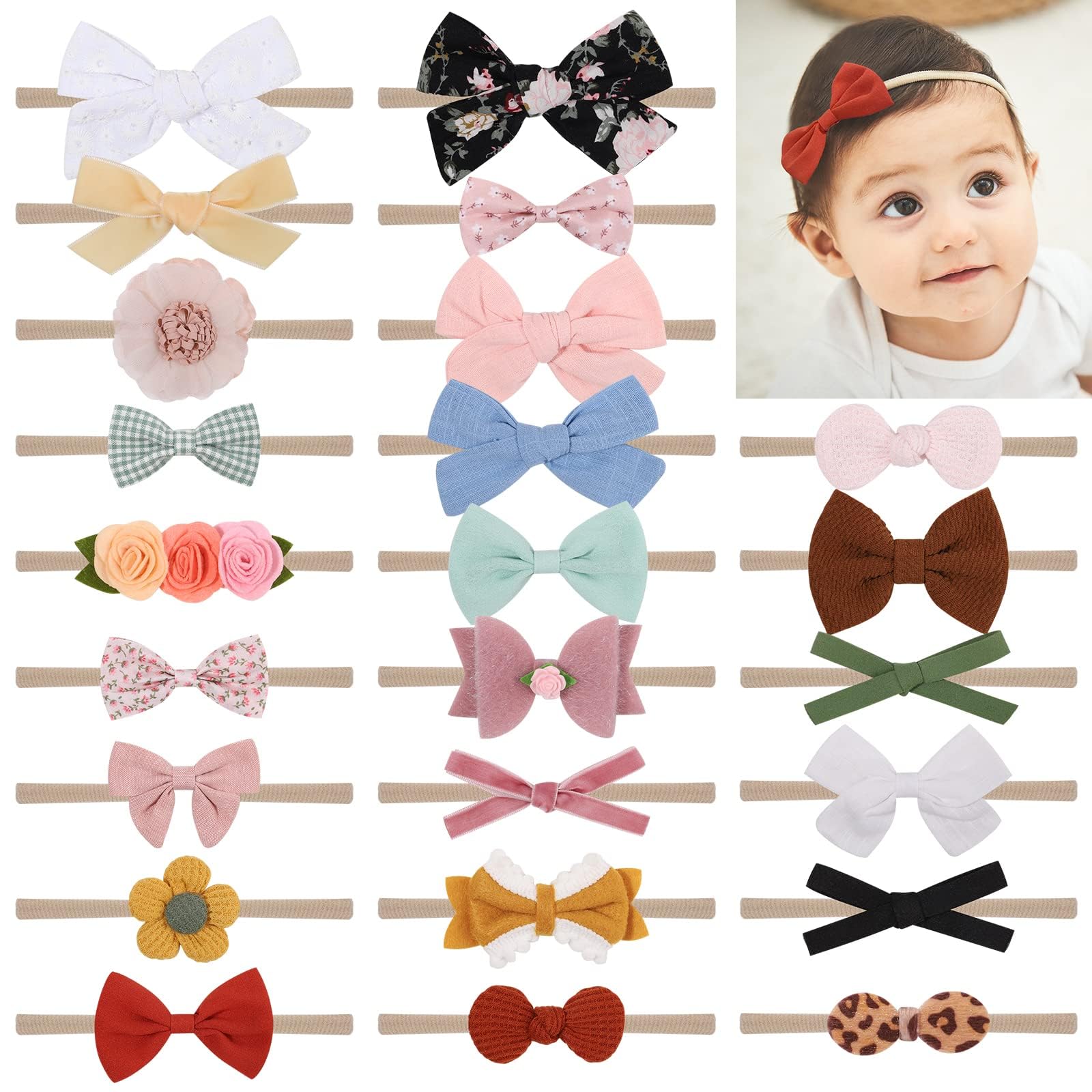 doboi Baby Girl Headbands 24PCS Nylon Linen Handmade Hairbands with Hair Bows and Accessories for Newborns, Infants, Toddlers, and Little Kids