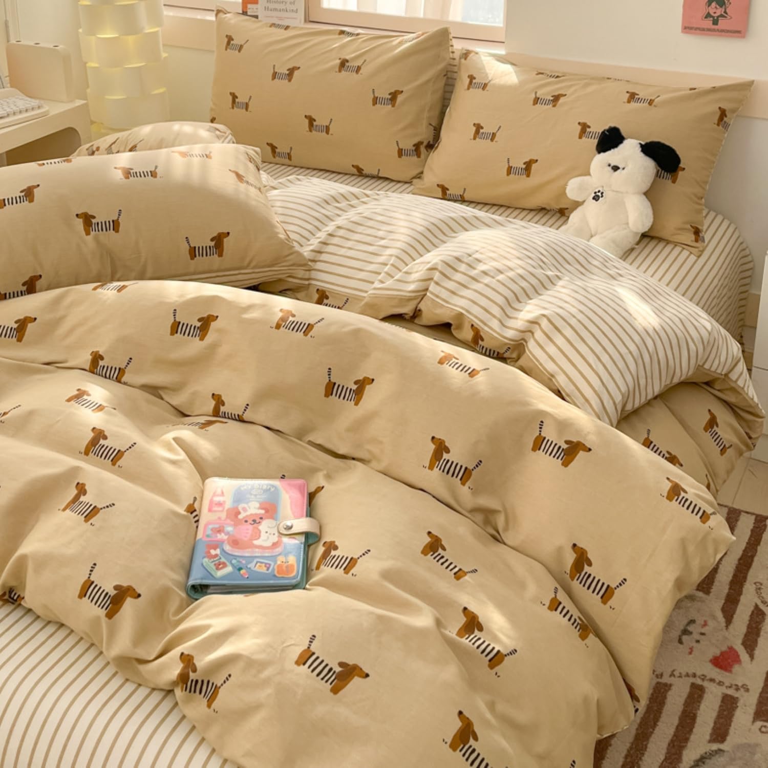Tospass Dackel Bettwäsche 135x200cm 4teilig Khaki Gestreift Dachshund Wendebettwäsche aus Microfaser Kinder Streifen ÖKO-TEX Bettwäsche Set 2 Bettbezug mit Reißverschluss und 2 Kissenbezug 80x80cm