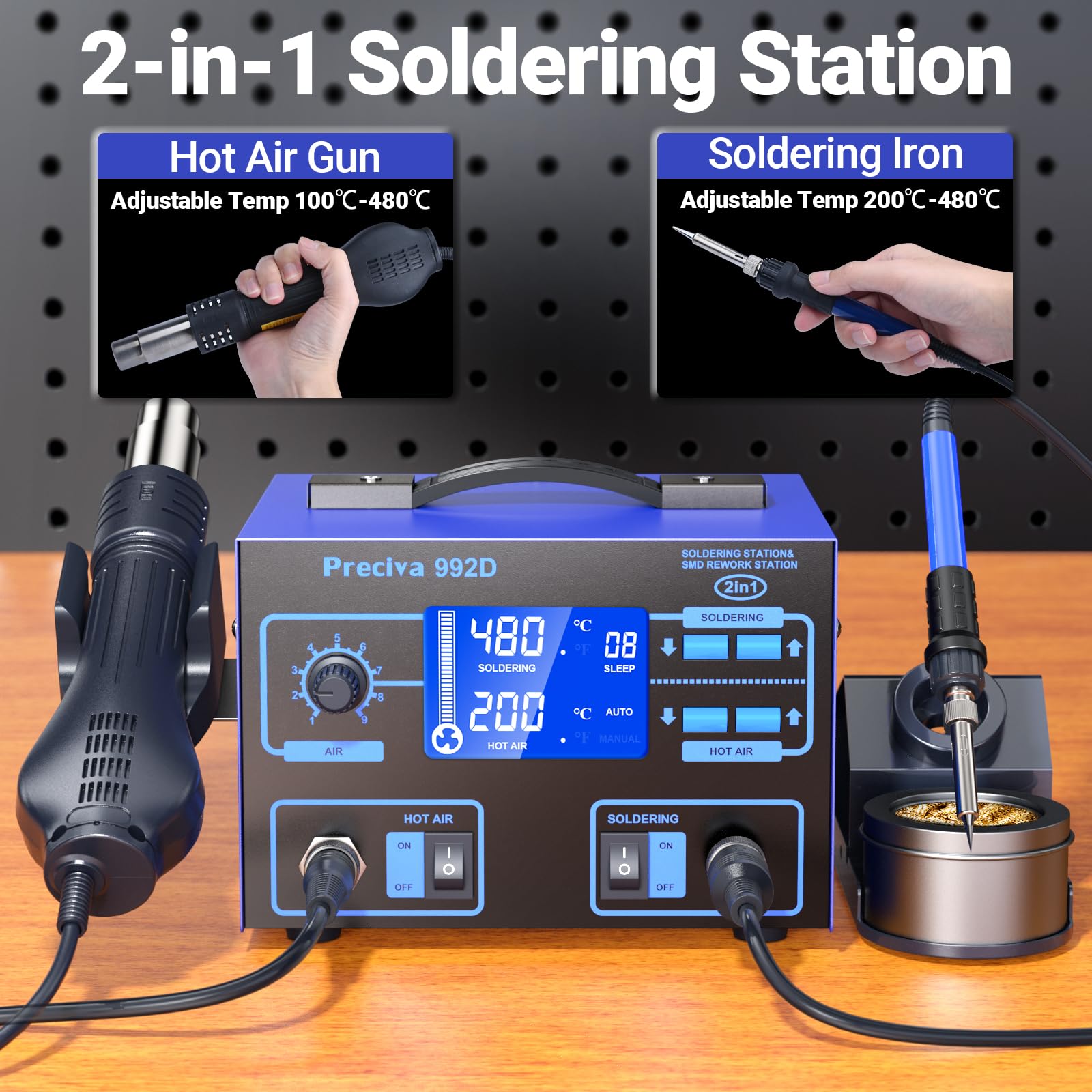Preciva 992D Station de Soudage à Air Chaud, 690W Pistolet Air Chaud & 60W Fer a Souder, Contrôle de Température PID, Grand Écran LCD, Mode Veille Automatique, pour Réparation SMD, QFP, BGA