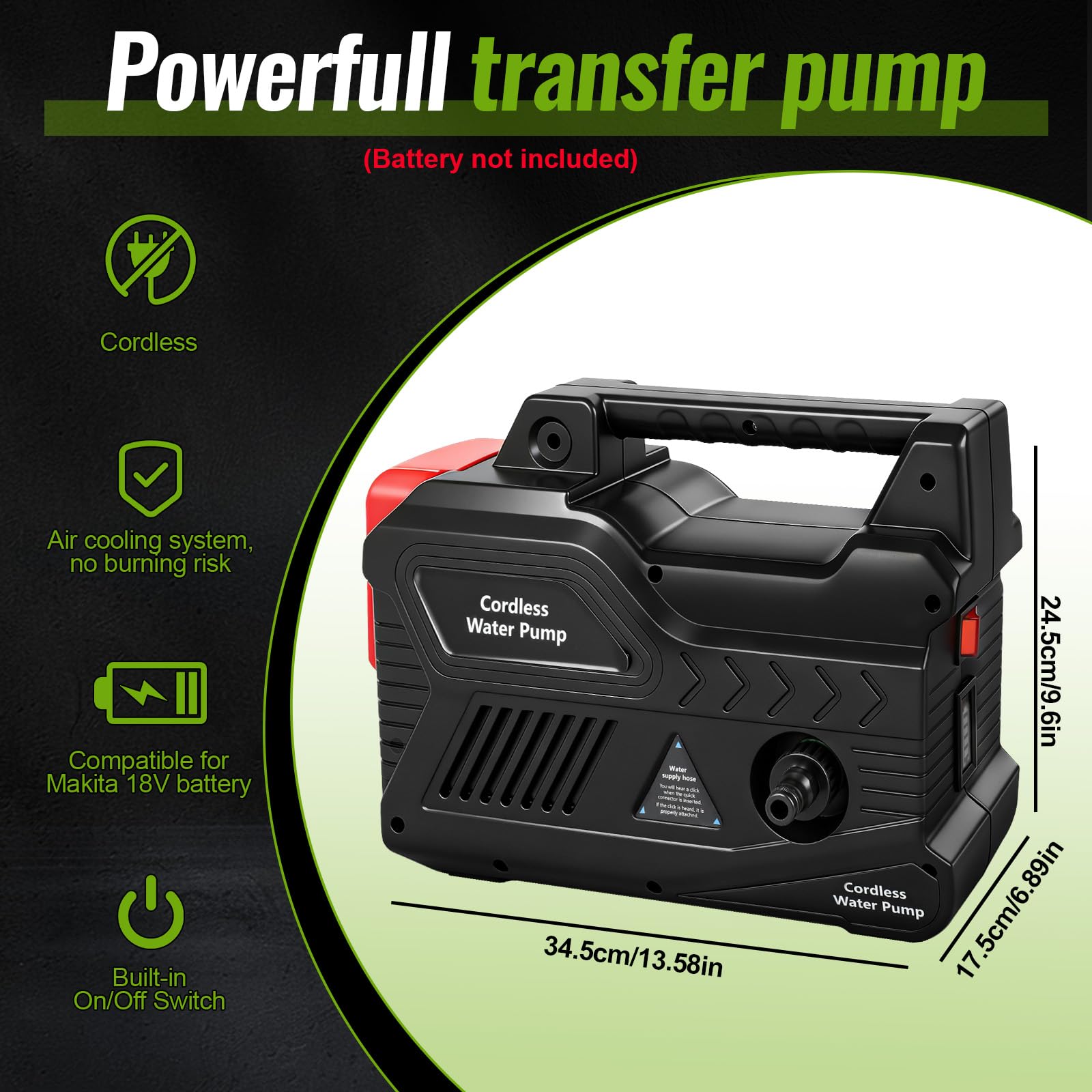 Roadtime Pompa dell'acqua per batteria Makita da 18 V (senza batteria), pompa da giardino senza fili, pompa autoadescante portatile, pompa di irrigazione da 150 W con tubo di uscita dell'acqua da 10 m