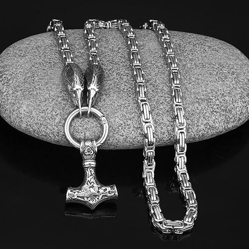Miniatura 2 de Thor's Hammer - Collar de cadena con colgante de martillo doble y cabeza de cuervo para hombre, hecho a mano, amuleto de Mjolnir, de acero