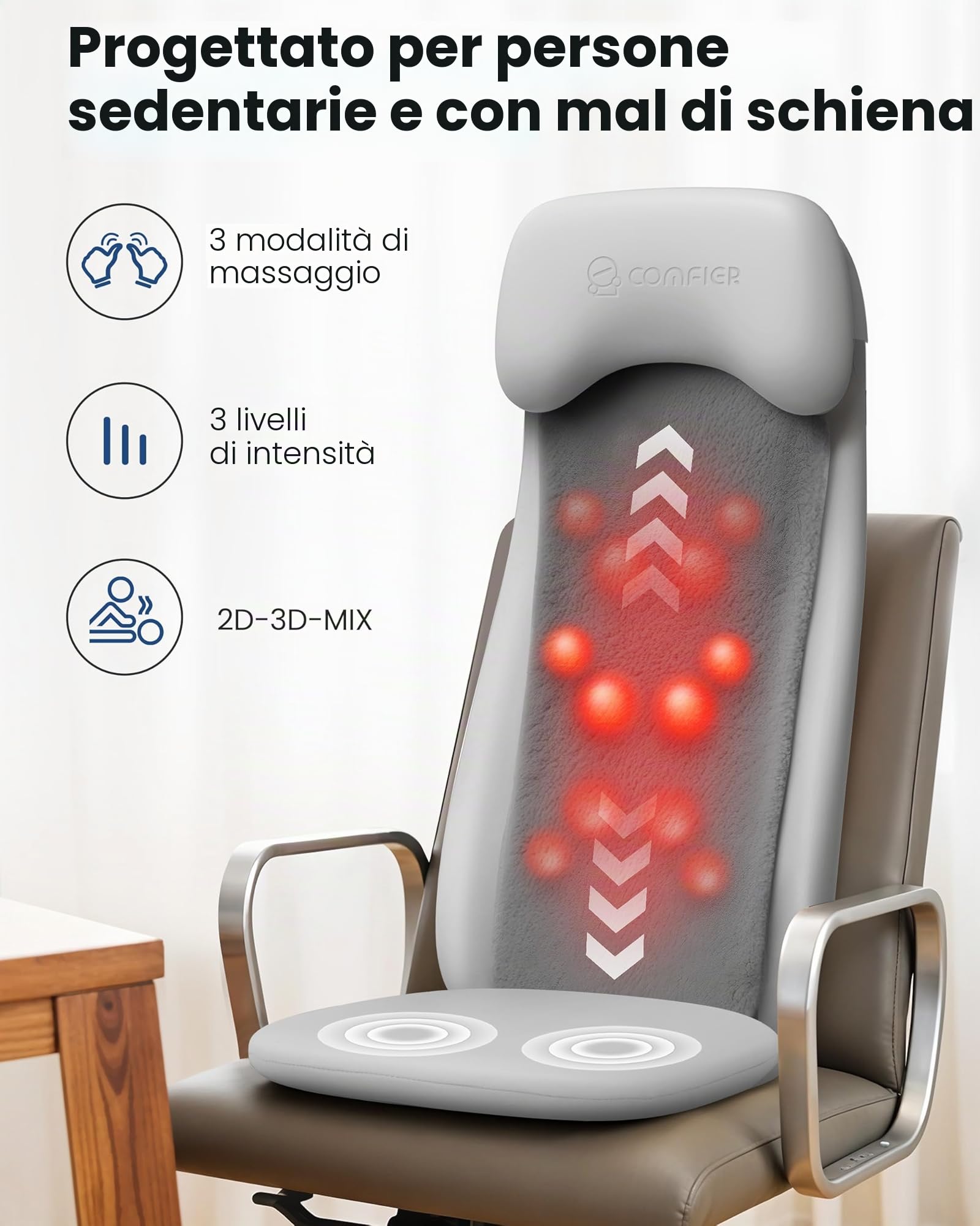 COMFIER Sedile Massaggiante Shiatsu con Funzione Riscaldante, Massaggiatore Schiena e Collo per Tessuti Profondi Shiatsu 2D/3D, Cuscino Massaggiante per Tutta la Schiena, Regalo per Uomini e Donne