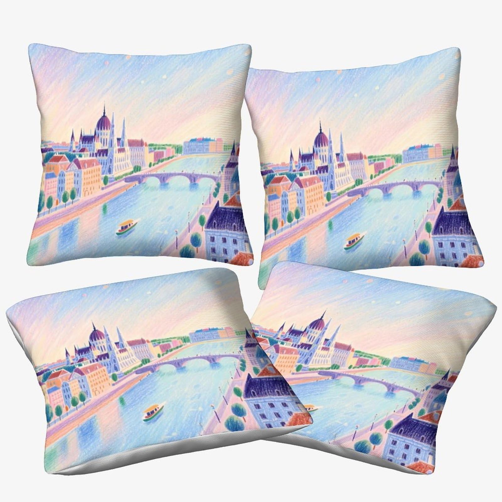 Lot de 4 housses de coussin 40x40cm architecture avec fermeture éclair invisible