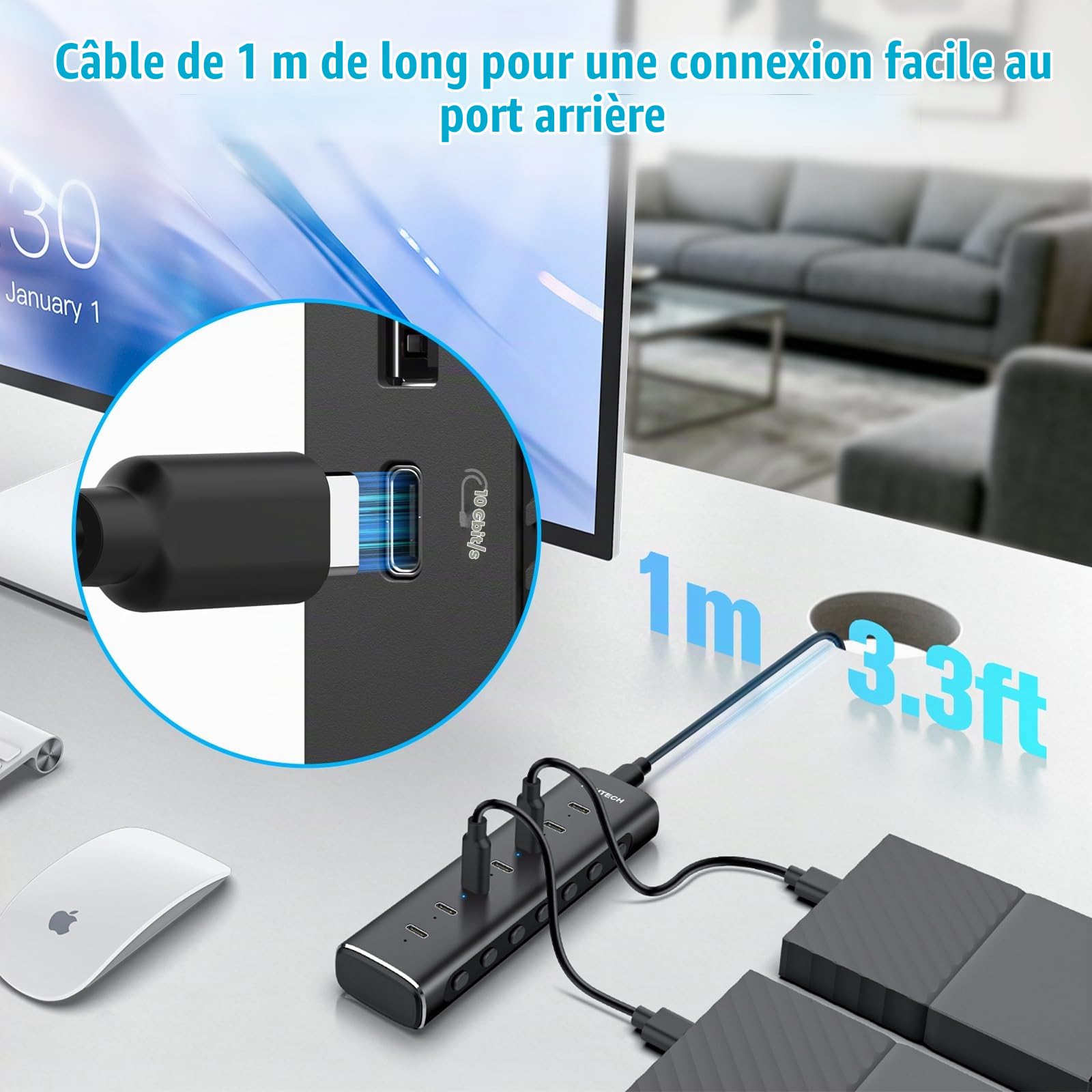RSHTECH Hub USB C Alimenté 36W, 7 Port Aluminium Hub USB 3.2, RSH-H7C | avec Adaptateur Secteur 12V/3A et Câble 1M pour Ordinateurs Portables/Bureaux Dotés de Ports USB-C et Thunderbolt