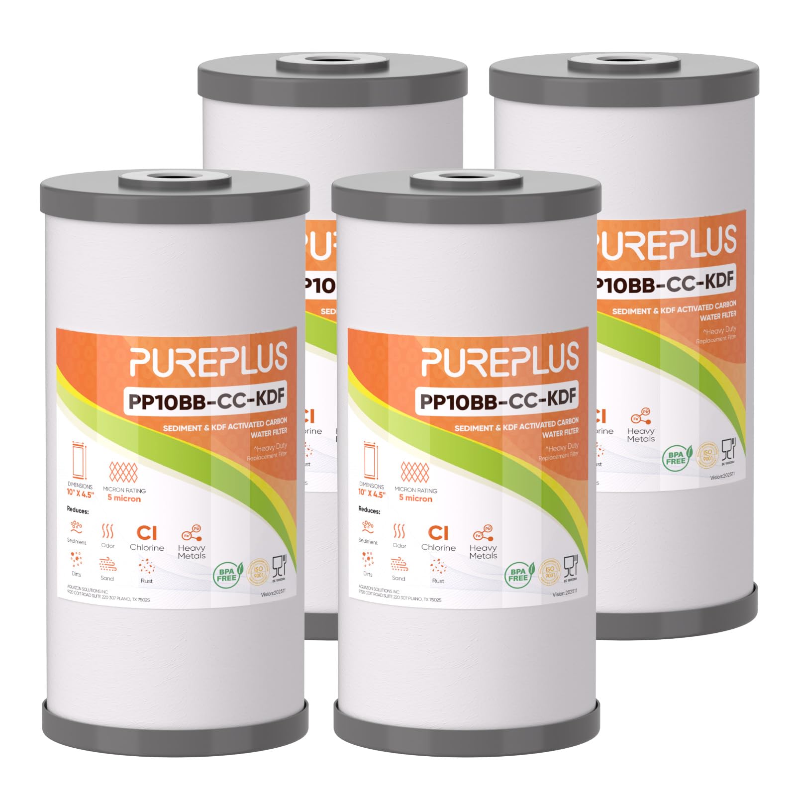 PUREPLUS 10" x 4.5" Whole House Heavy Metal Reduction Water Filter,4 PACK