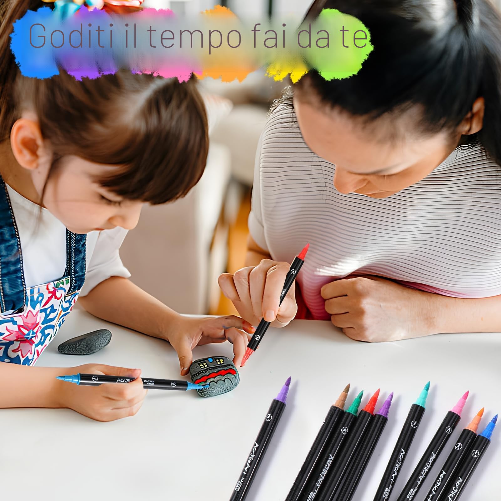 Diboniur 24 Colori Pennarelli Acrilici Doppia Punta, Punta Fine Pennello e Punta Media Set Pennarelli, Acrylic Marker Ad Acqua per Dipingere Sassi, Colorazione, Legno, Vetro, Tessuti, Pittura