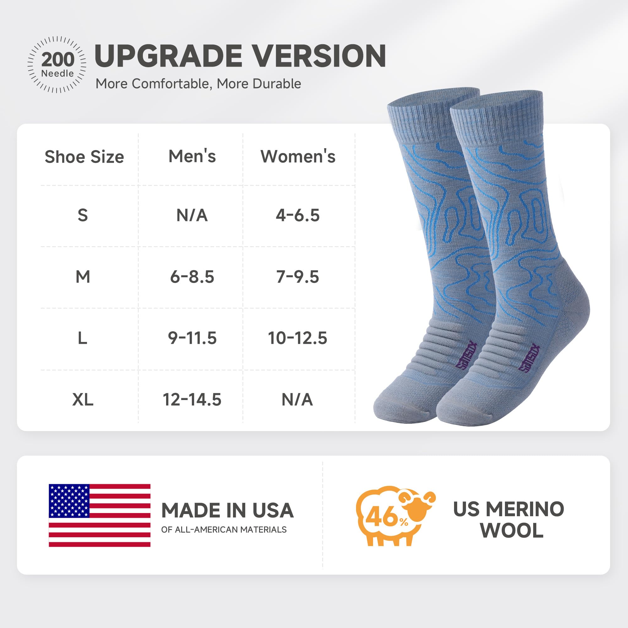 SAMSOX 2 Paar Wandersocken aus Merinowolle, hergestellt in den USA, leicht, mit Kissen, Crew-Socken für Herren und Damen (Sierra)
