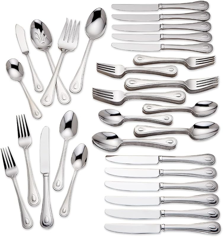 French Perle 65-Piece 18/10 Silverware Set for 12, Flatware | mirror finish, dishwasher safe | includes serving spoons and utensil set | heavy duty, cutlery set for kitchen and dining