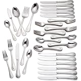 Lenox Silverware Set For 12, French Perle 65-Piece Flatware Set with Serving Utensils, Service For 12, Elegant 18/10 Stainless Steel Utensils with Beading, Knives Spoons & Forks (Silver, 65 Piece)