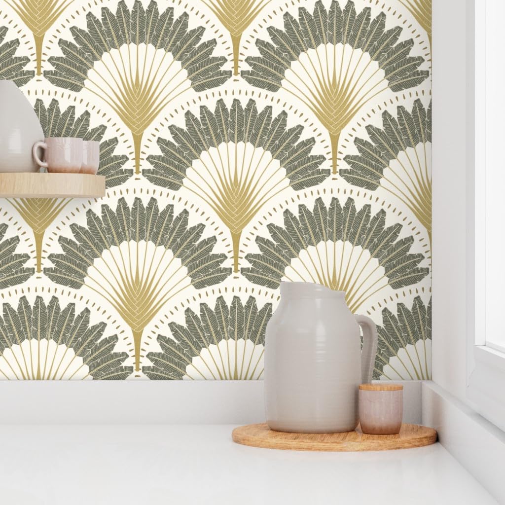 Spoonflower Peel & Stick Wallpaper 3ft x 2ft - Neutral Botanicals Palms Art Deco Fans Trendy Custom Removable Wallpaper