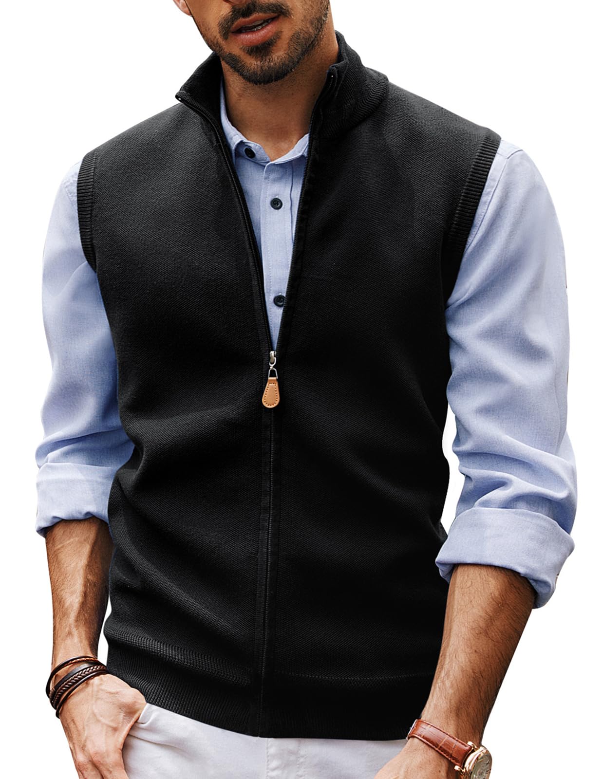 pj paul jones Mens Sweater Vest Full-Up Knitted Vests Casual Stand Collar Vests Sweater-picture-12