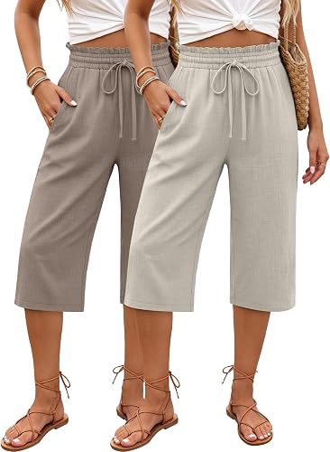 Neer 2 Pack Women's Linen Capris Wide Leg Pants, 2-Color, Small