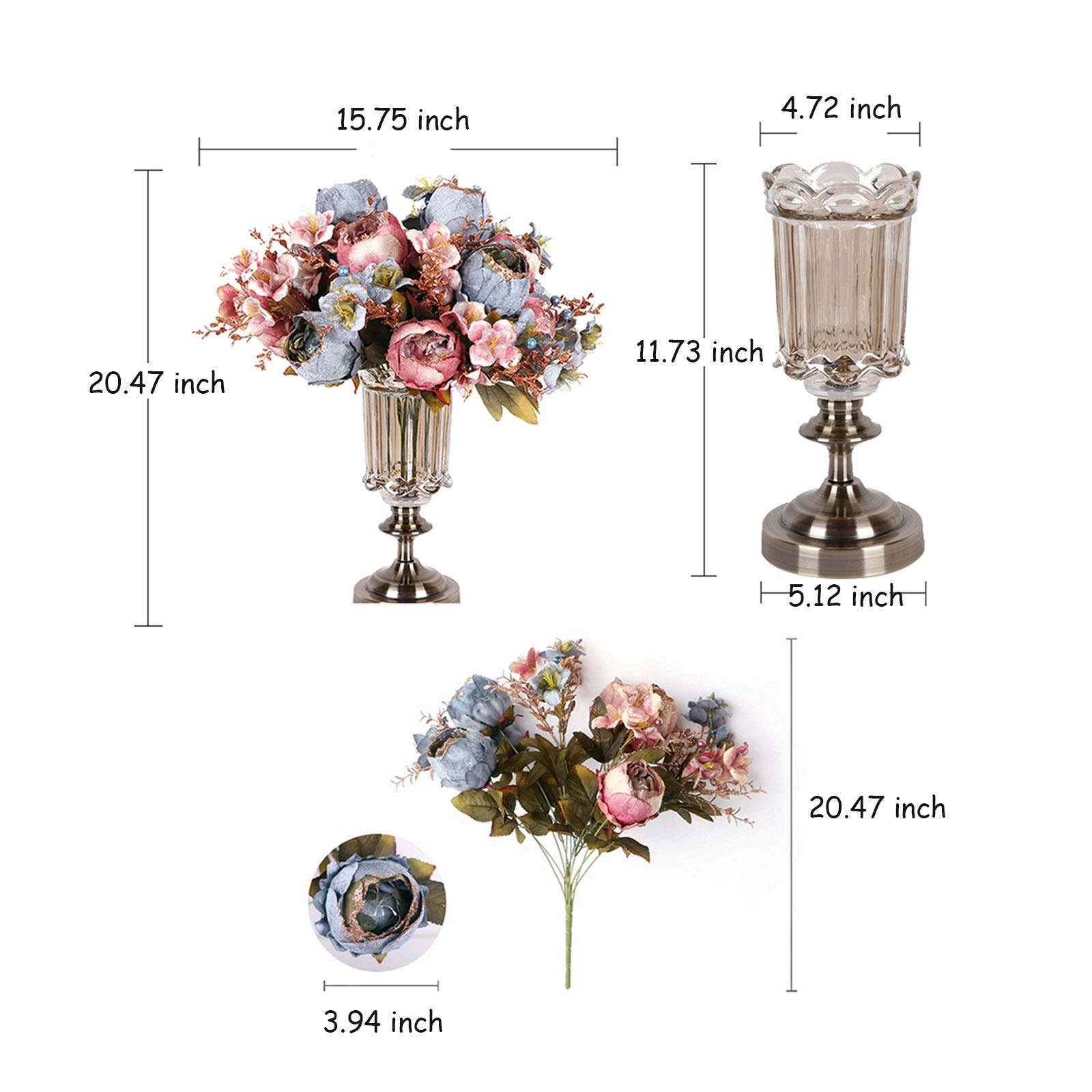 Centro De Mesa Con Flores Artificiales: Ramos De Peonías De Seda Artificial Con Jarrón De Cristal, Elegante Decoración De Peonías De Franela De Imitación Para El Hogar, La Oficina Y La Fiesta De Bodas