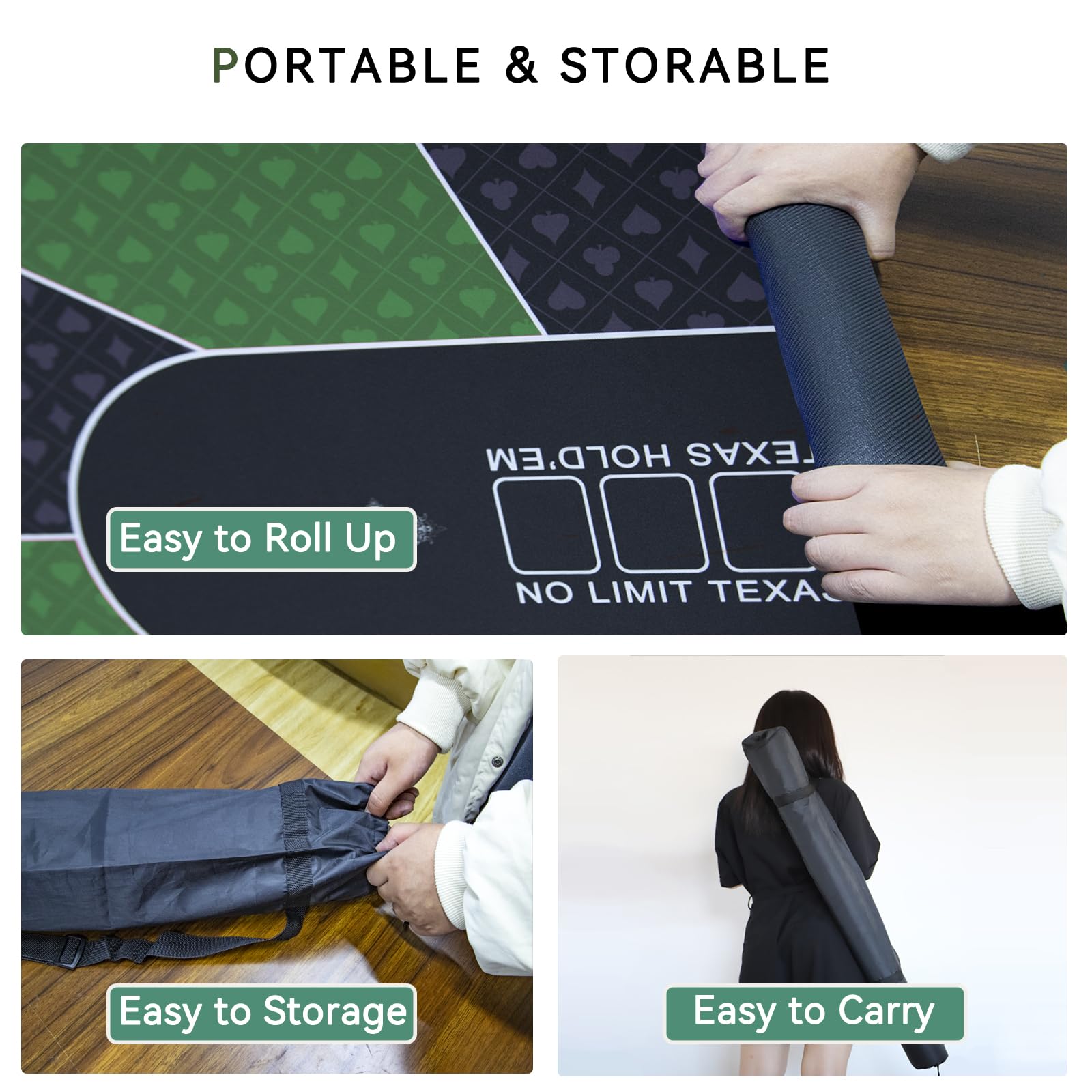 Tapis de poker 180,3 x 88,9 cm pour table, surface lisse et hydrofuge, fond en caoutchouc antidérapant, tapis de poker Texas Hold'em pliable, essentiel pour le jeu de cartes, sac de transport/de