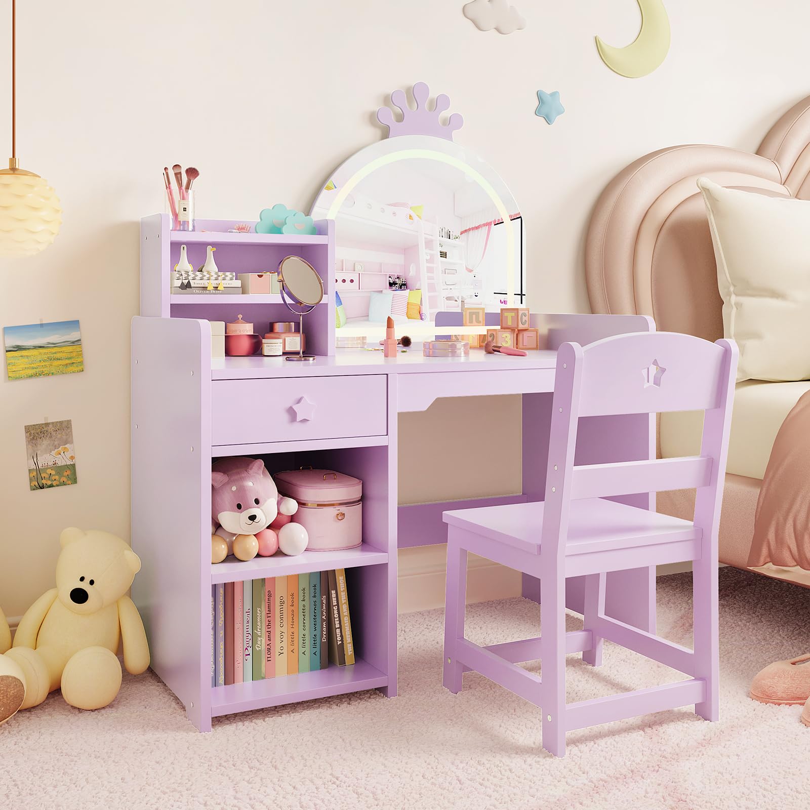 GarveeHome Kids Vanity with Lighted Mirror, 2 in 1 Princess Vanity Set Toddler Vanity Table &amp; Chair Set with Open Bookshelf, Storage Cabinet &amp; Shelves for Little Girls