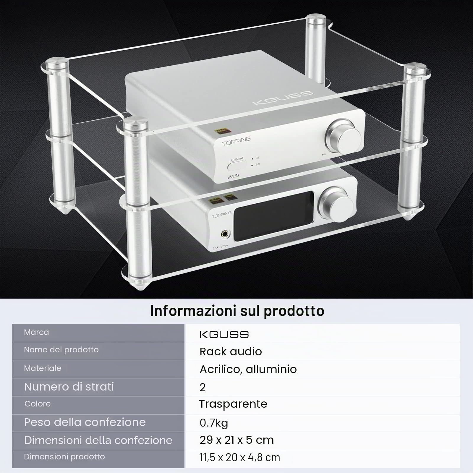 KGUSS Mini Supporto HiFi, Ripiani per Componenti Audio in Acrilico con Supporti in Alluminio per Amplificatori da Scrivania/DAC Trasparenti, Supporto Audio a 3 Livelli