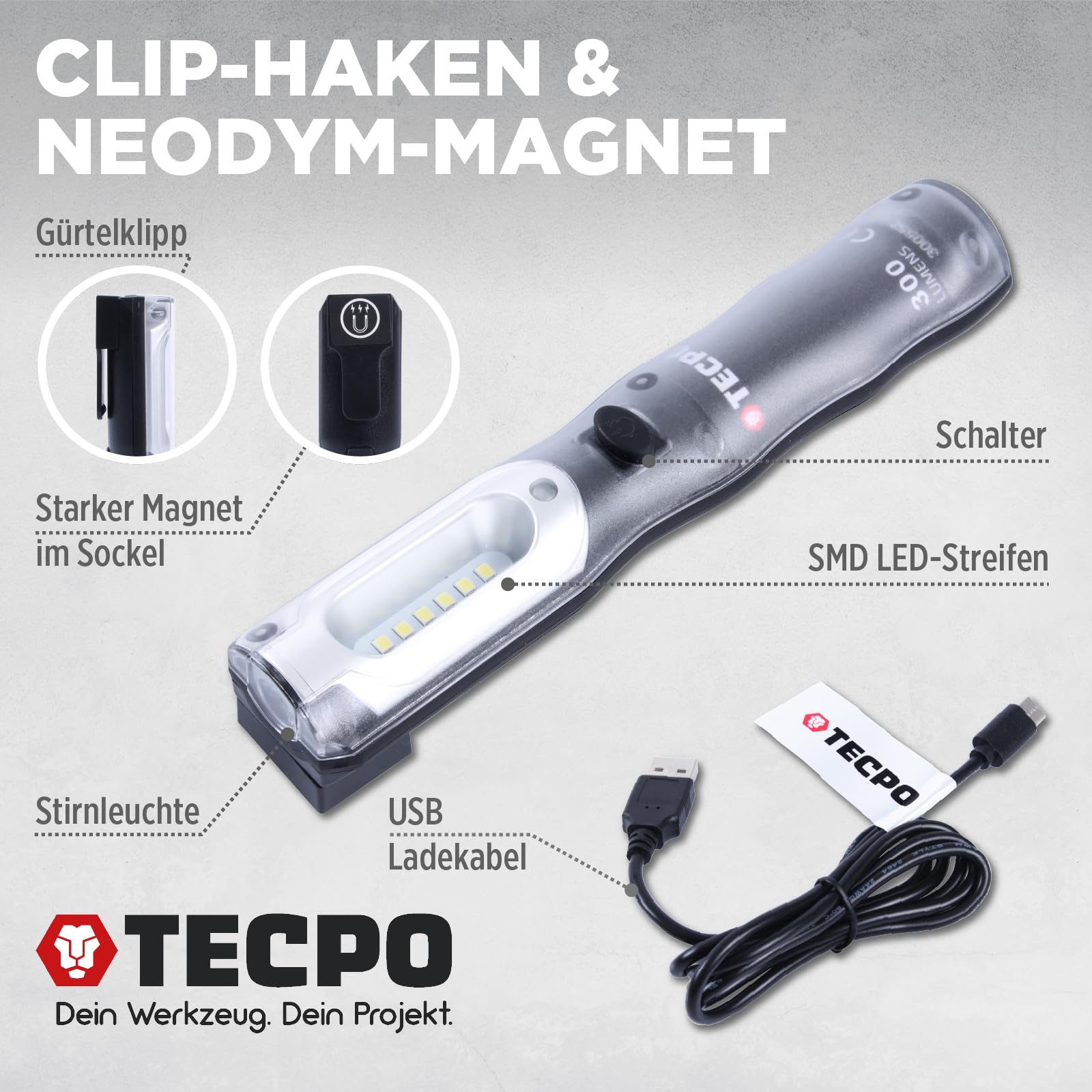 TECPO 2x Werkstattlampe Akku Handlampe 300 Lumen LED Arbeitsleuchte Stablampe IP54 Leuchte Lampe