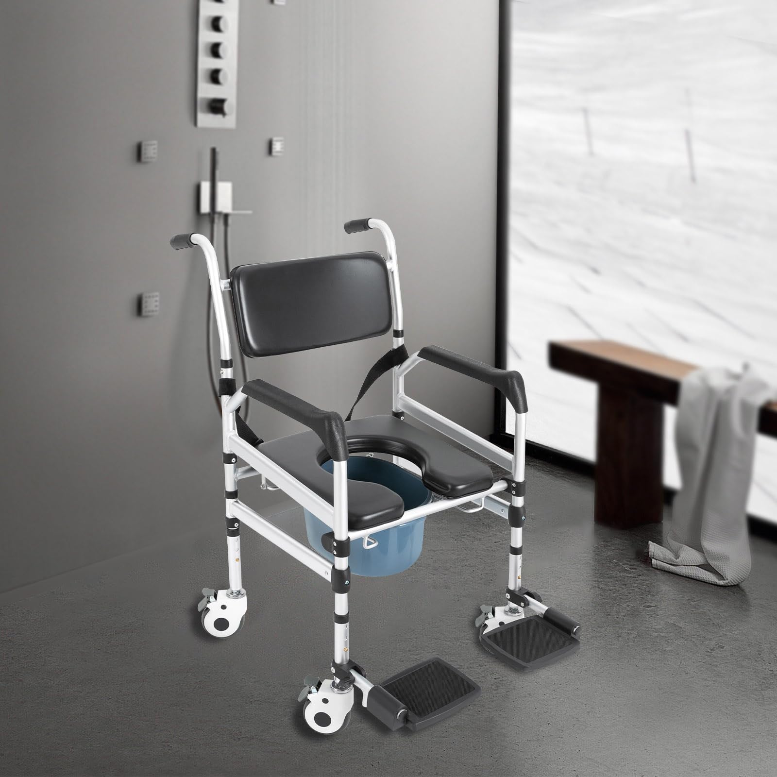 Silla de Ducha con Ruedas, 48 – 54 cm de Altura, Plegable, Capacidad de Carga de 100 kg, para Personas Mayores, Silla de Ruedas a Prueba de caídas con Inodoro, Cubo extraíble (Modelo 1)